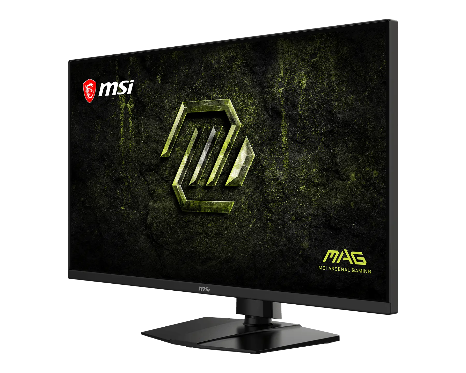 Monitor da gioco MSI che mostra un logo verde su sfondo scuro con texture.