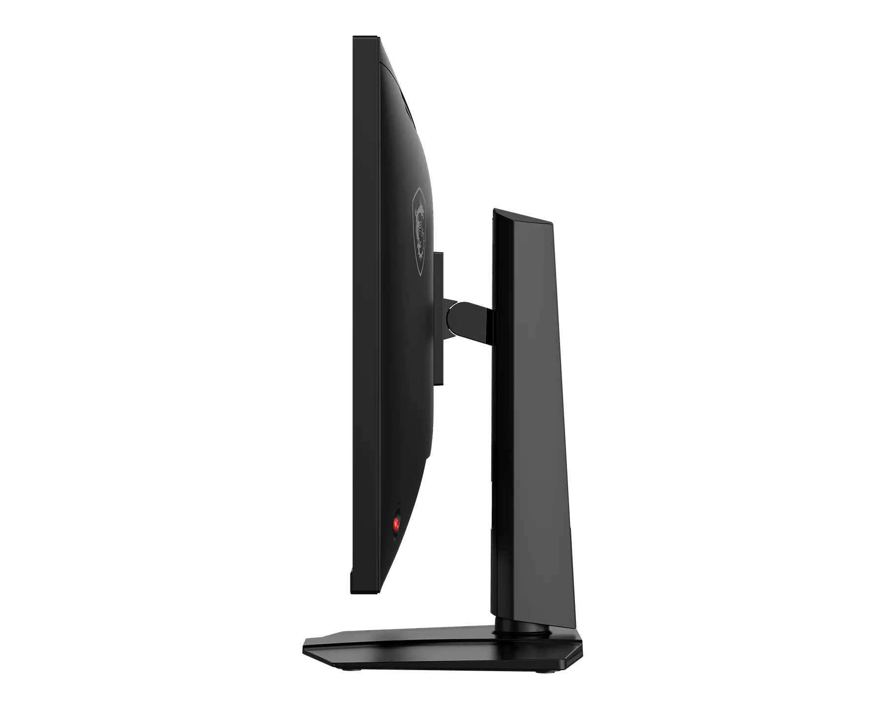 Vista laterale di un monitor per computer nero su supporto con sfondo bianco.