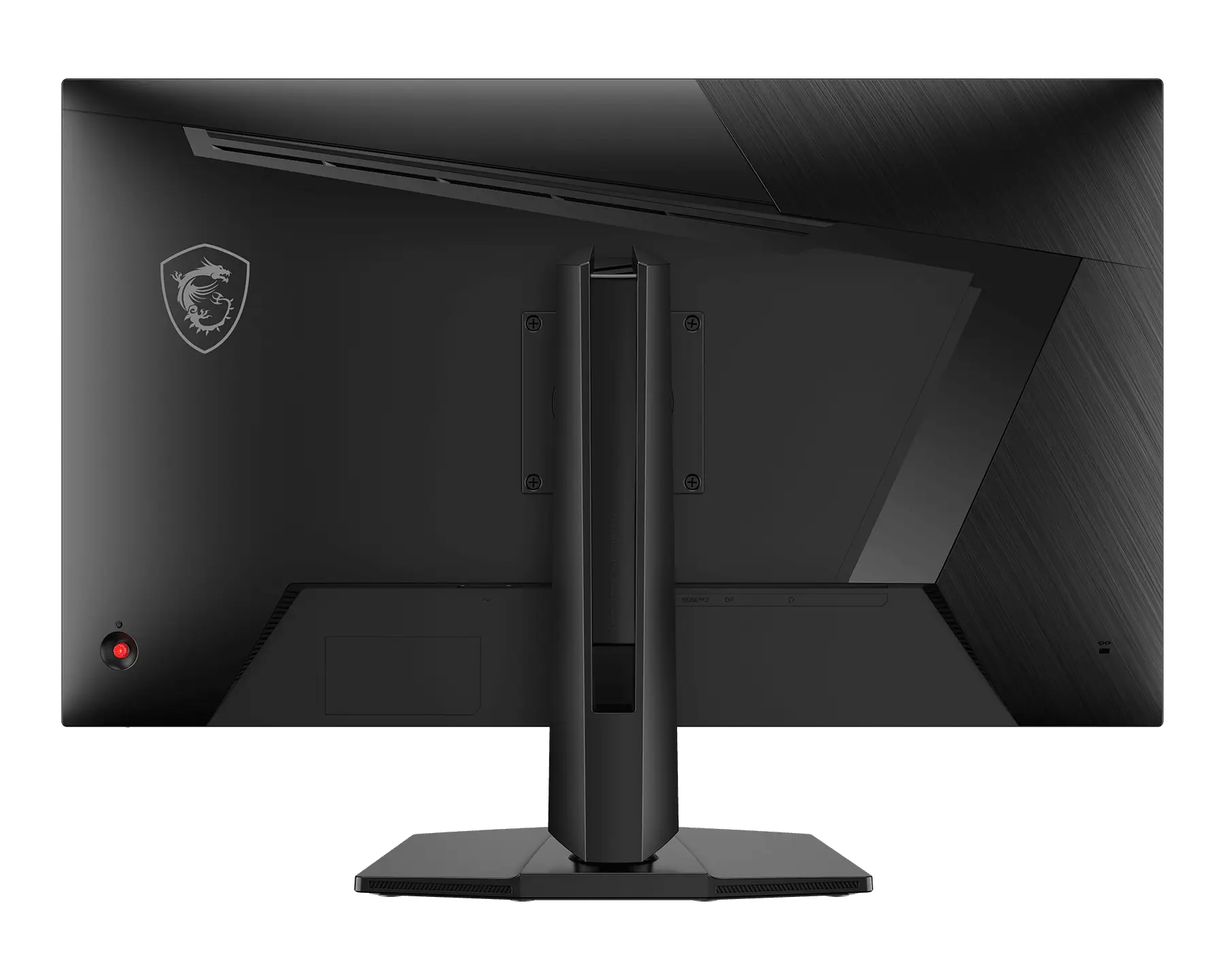 Vista posteriore di un monitor per computer MSI nero con logo del drago, supporto regolabile e pulsante di accensione rosso.