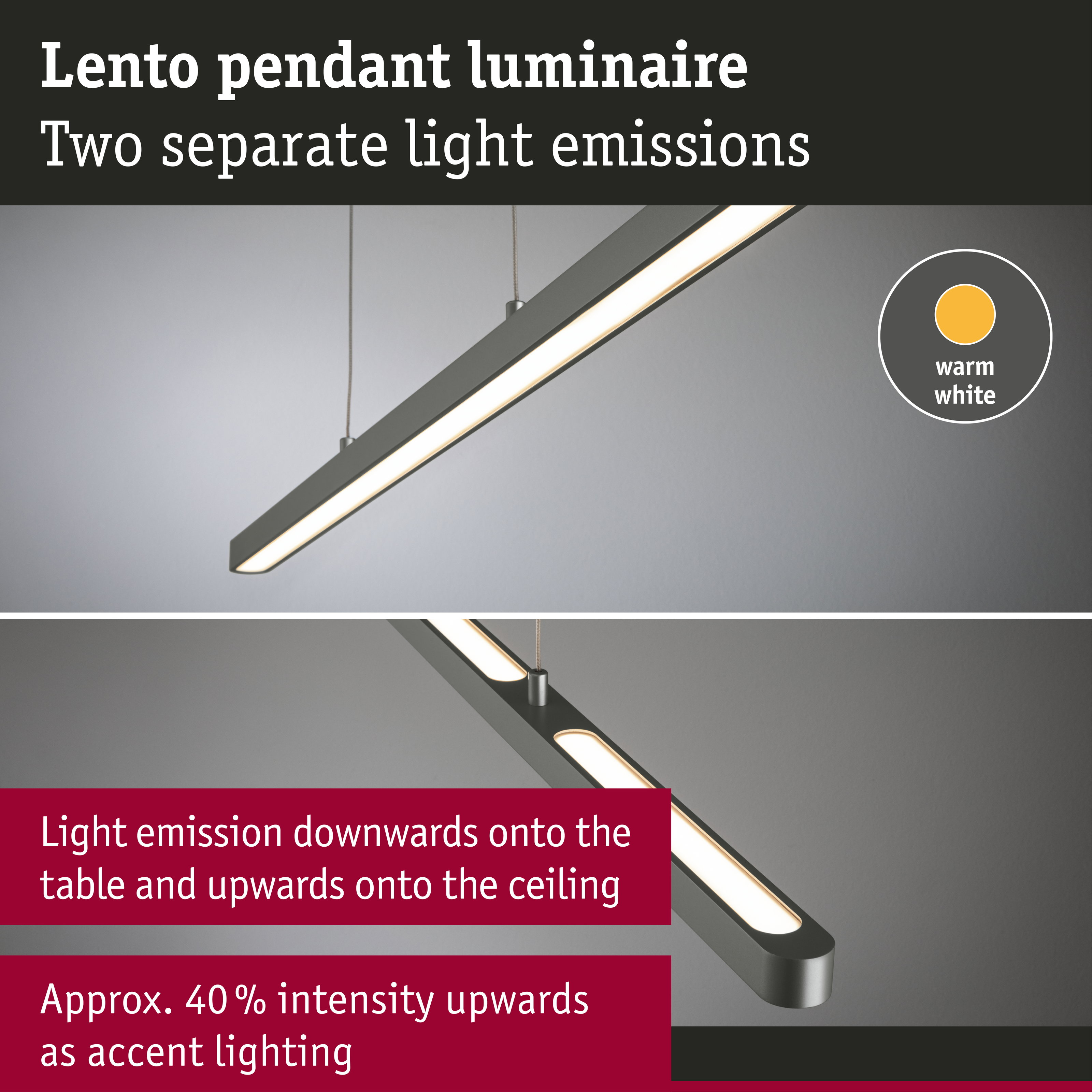 Lento Pendelleuchte mit zwei separaten Lichtemissionen nach oben und unten für warmweißes Licht.