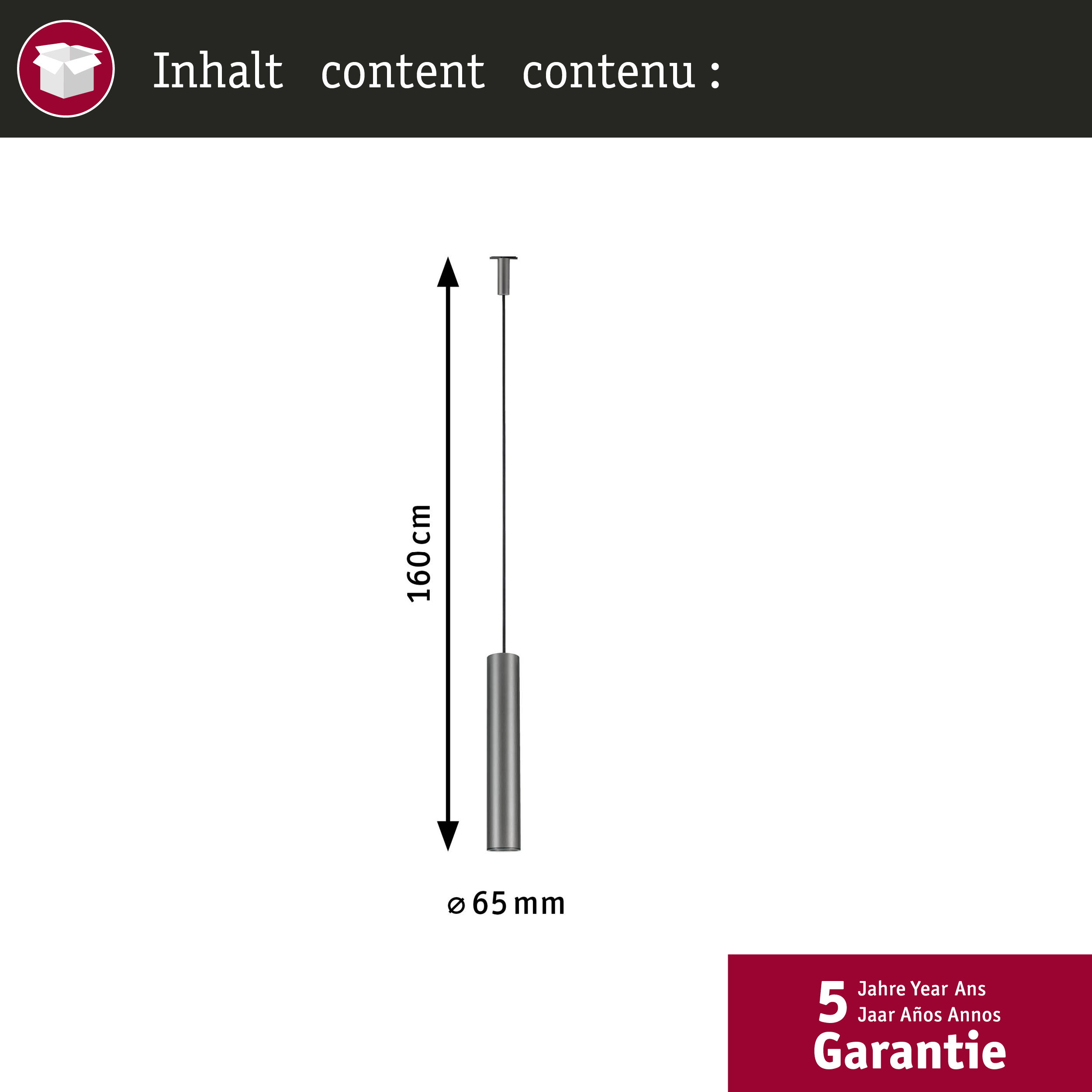 Technische Zeichnung einer zylindrischen Pendelleuchte, Höhe 160 cm, Durchmesser 65 mm, mit 5 Jahren Garantie.