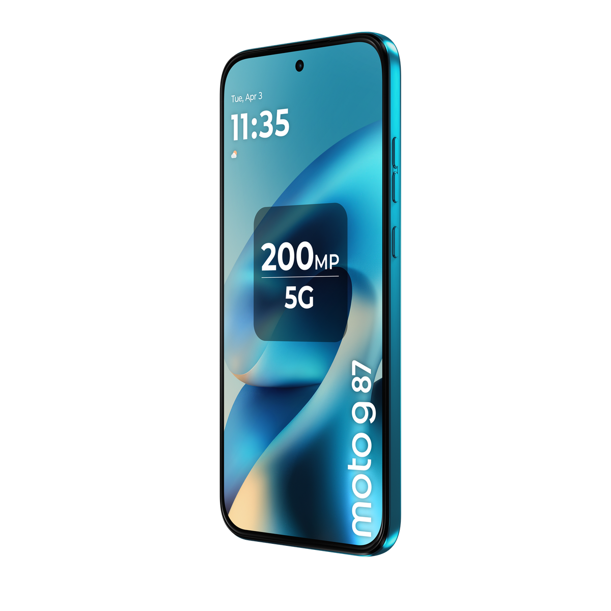Un smartphone azul, Moto g 87, muestra 200MP y 5G en la pantalla sobre un fondo blanco.
