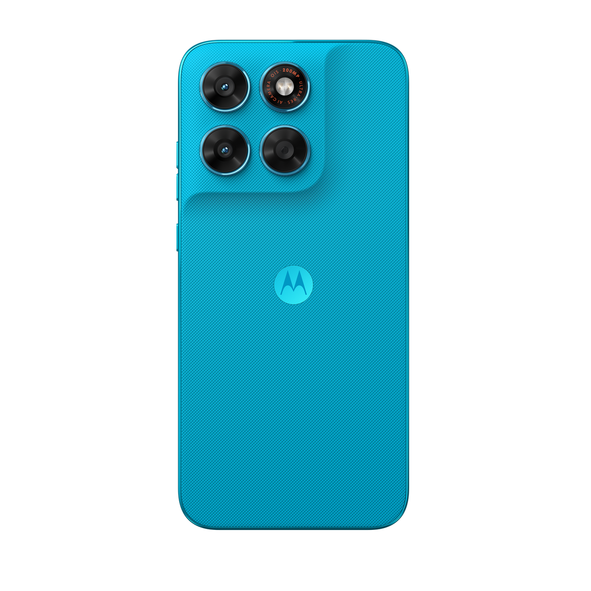 La parte trasera de un smartphone Motorola azul brillante con cuatro cámaras arriba a la izquierda y el logotipo en el centro.