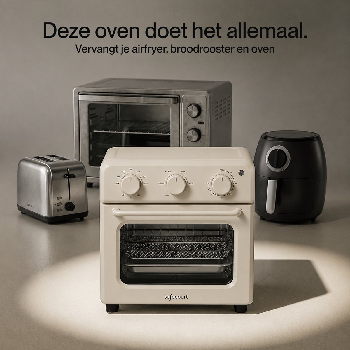 A beige Safecourt oven in front, flanked by a toaster, air fryer, and another oven, with Dutch text at the top.