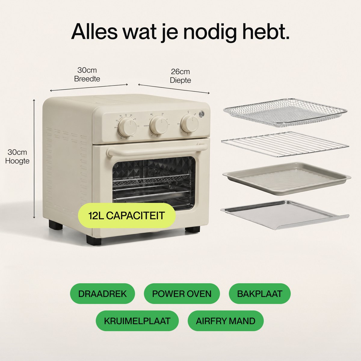 Beige mini oven with 12L capacity, dimensions, and four accessories on the right.