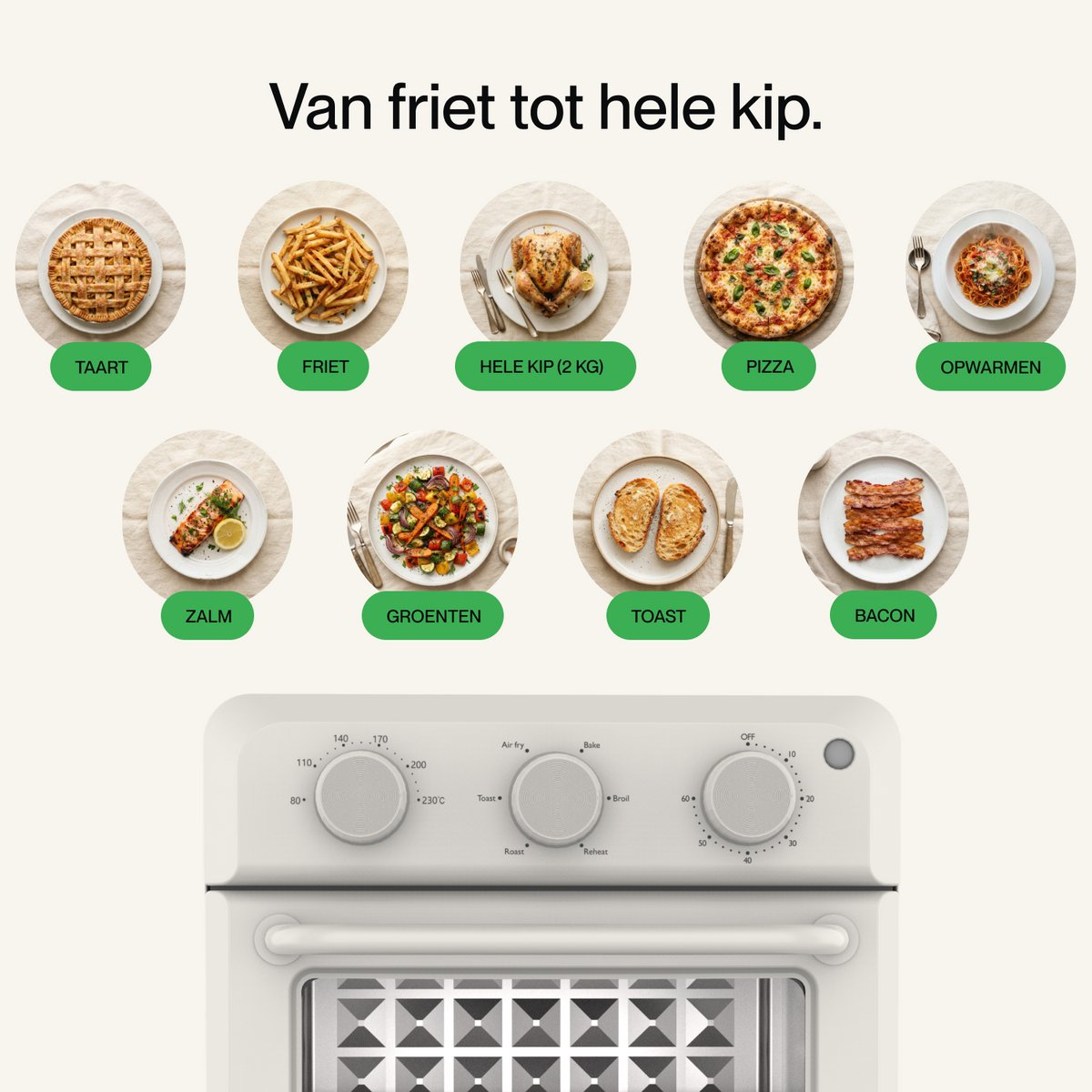 Various dishes like pie, fries, and chicken shown above oven control dials.