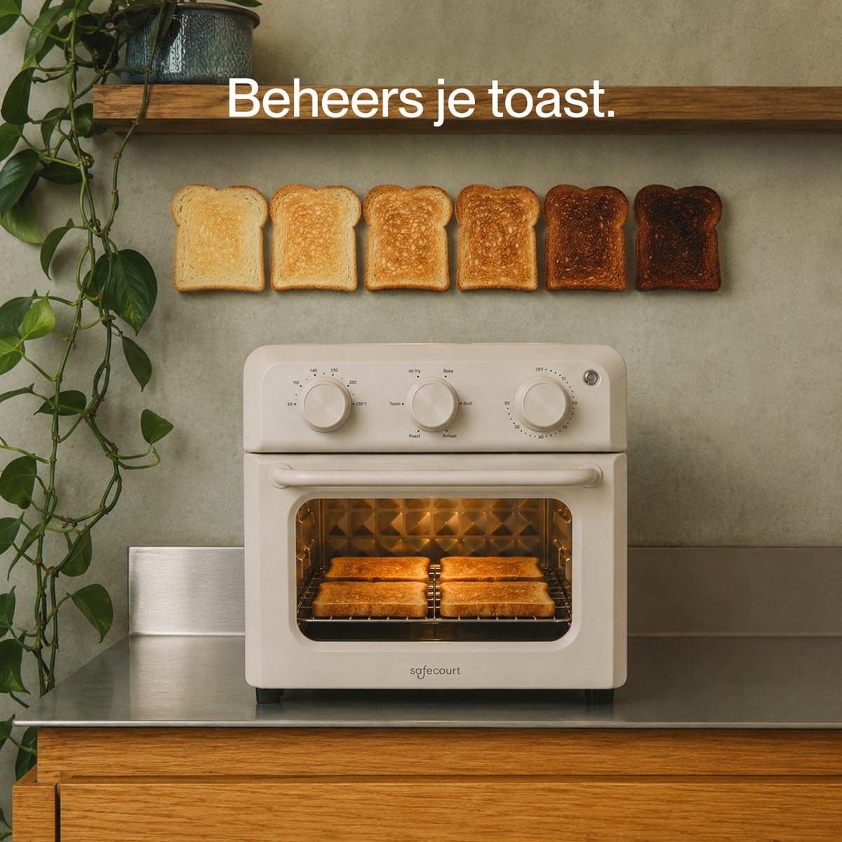 Beige toaster oven on wooden counter with toast slices in it and lined up on wall.