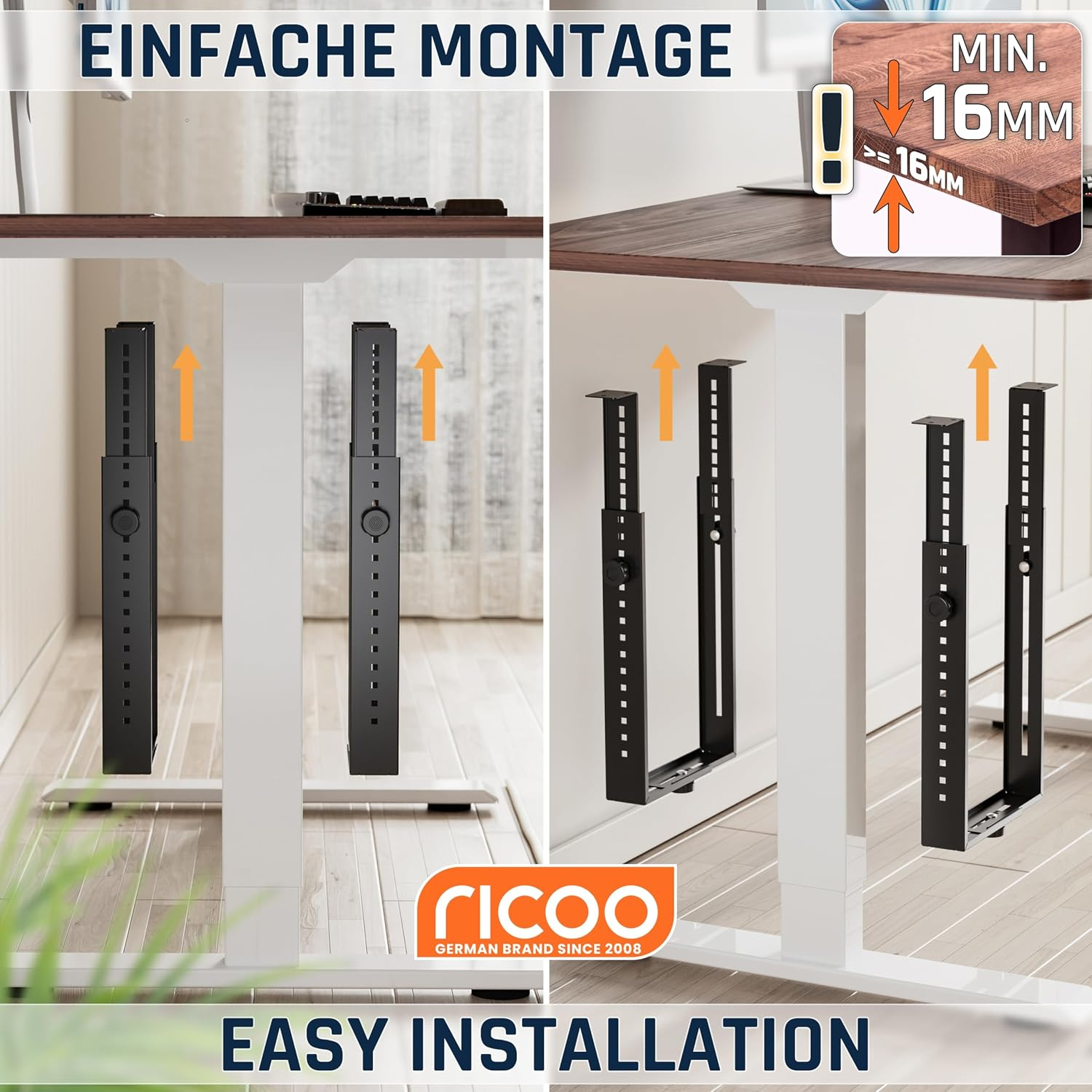 Zwei schwarze verstellbare Halterungen werden unter einer Schreibtischplatte montiert.