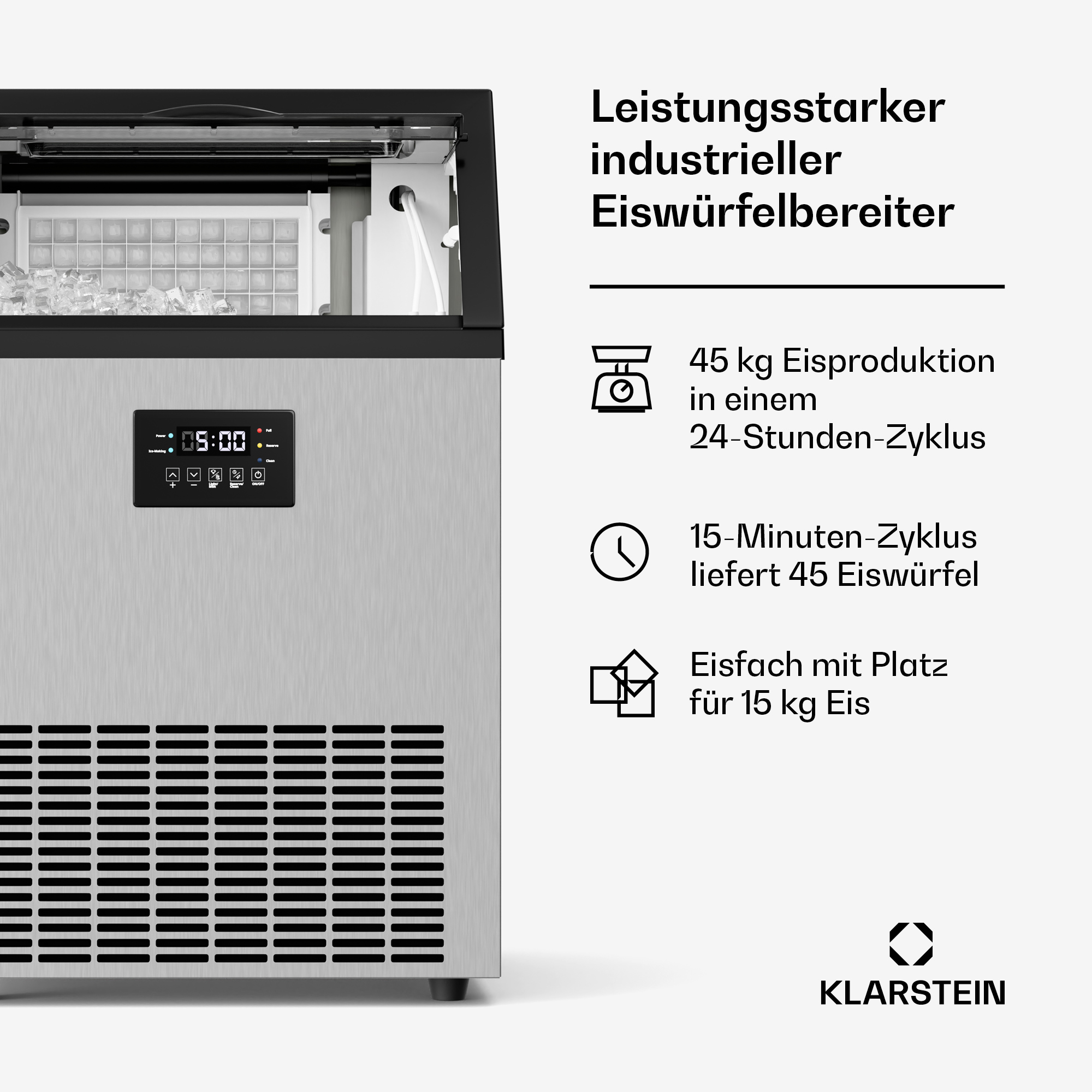 Industrieller Eiswürfelbereiter mit 45 kg Tagesleistung und Edelstahlgehäuse.