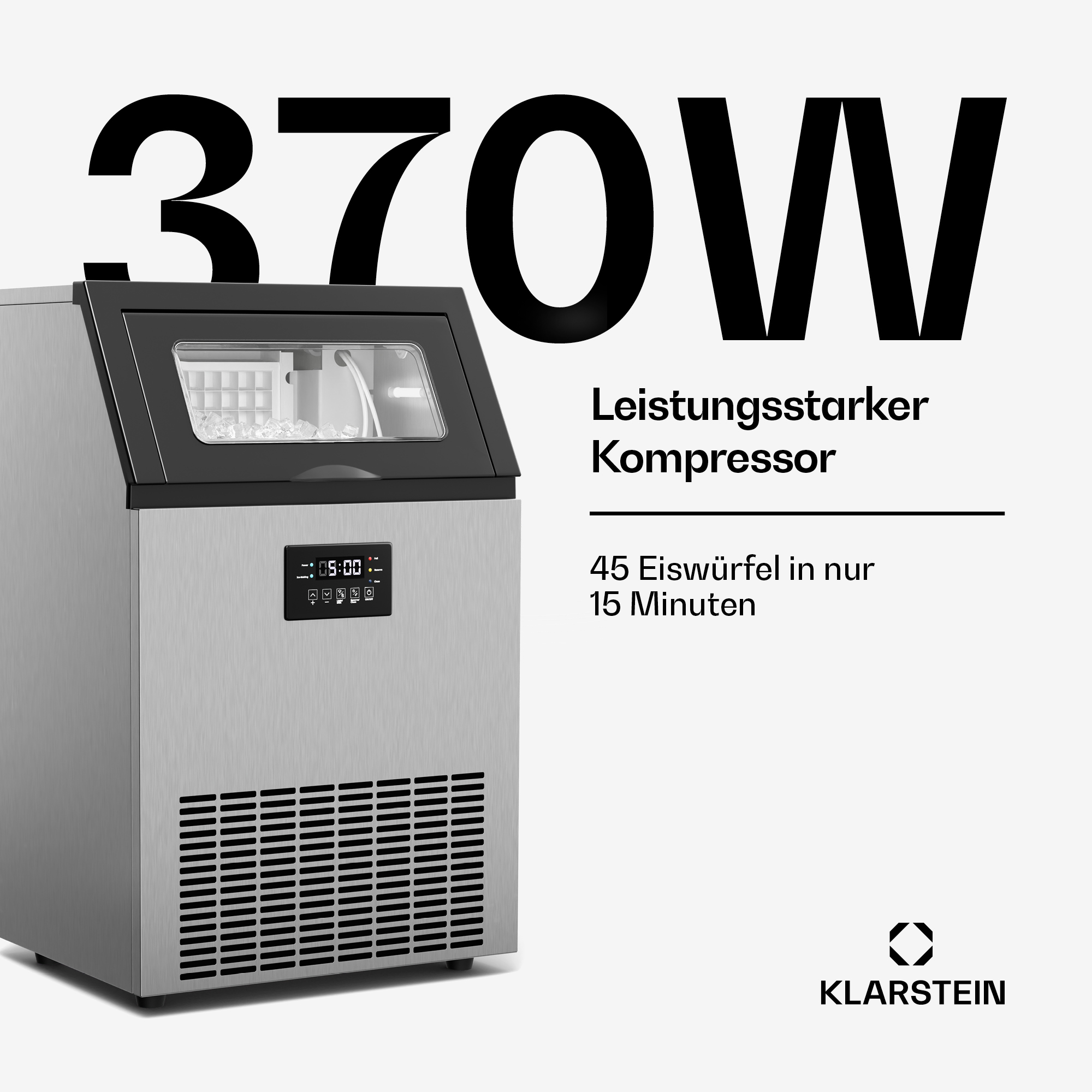 Silberne Klarstein Eismaschine mit 370W, Kompressor und digitalem Display vor hellem Hintergrund.
