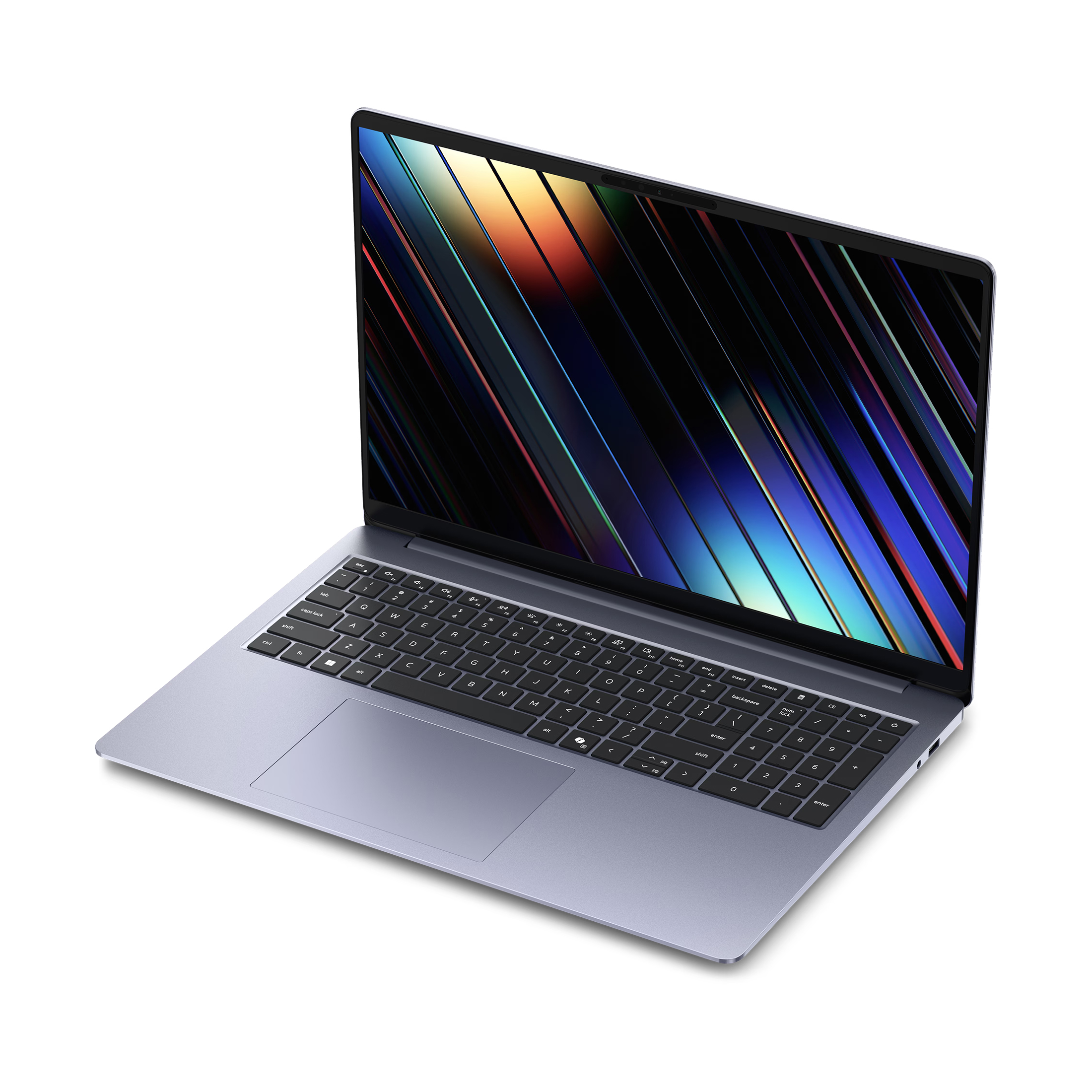 Geöffneter silberner Laptop mit buntem abstraktem Bildschirmhintergrund, isoliert auf weißem Grund.