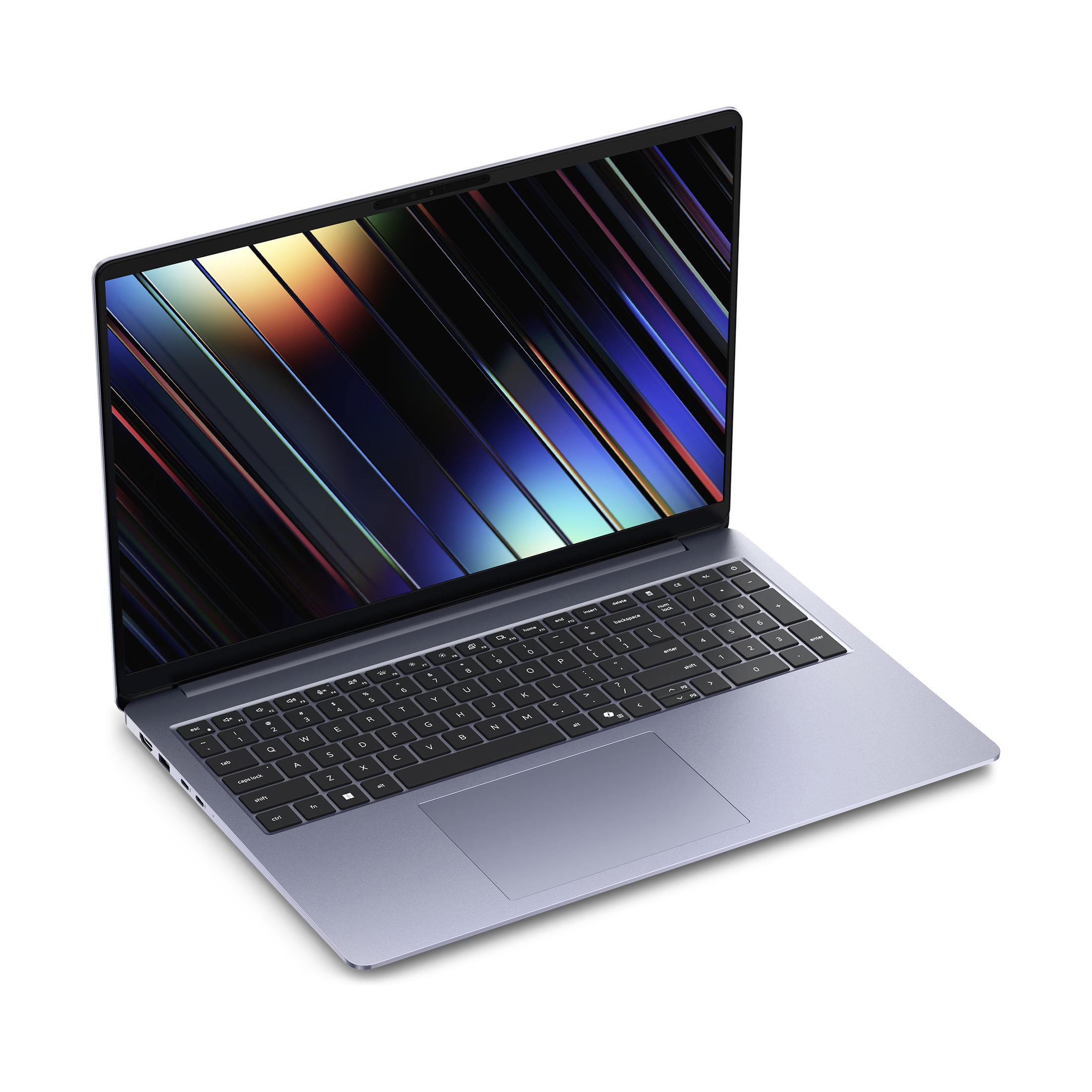 Ein grauer Laptop mit schwarzer Tastatur und einem Bildschirm, der ein abstraktes blau-gelbes Streifenmuster zeigt.