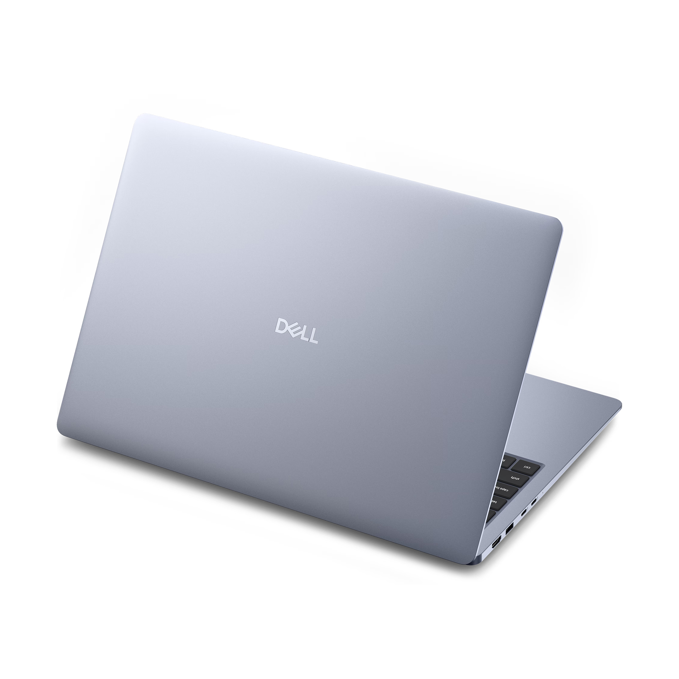 Ein silberner Dell-Laptop steht auf einer weißen Oberfläche, die Tastatur ist leicht sichtbar.