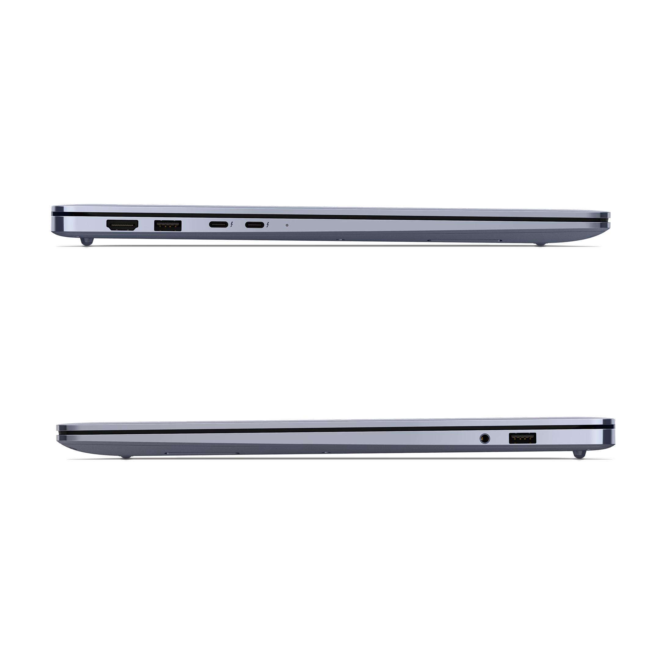 Seitenansichten eines geschlossenen grauen Laptops mit verschiedenen Anschlüssen auf beiden Seiten.