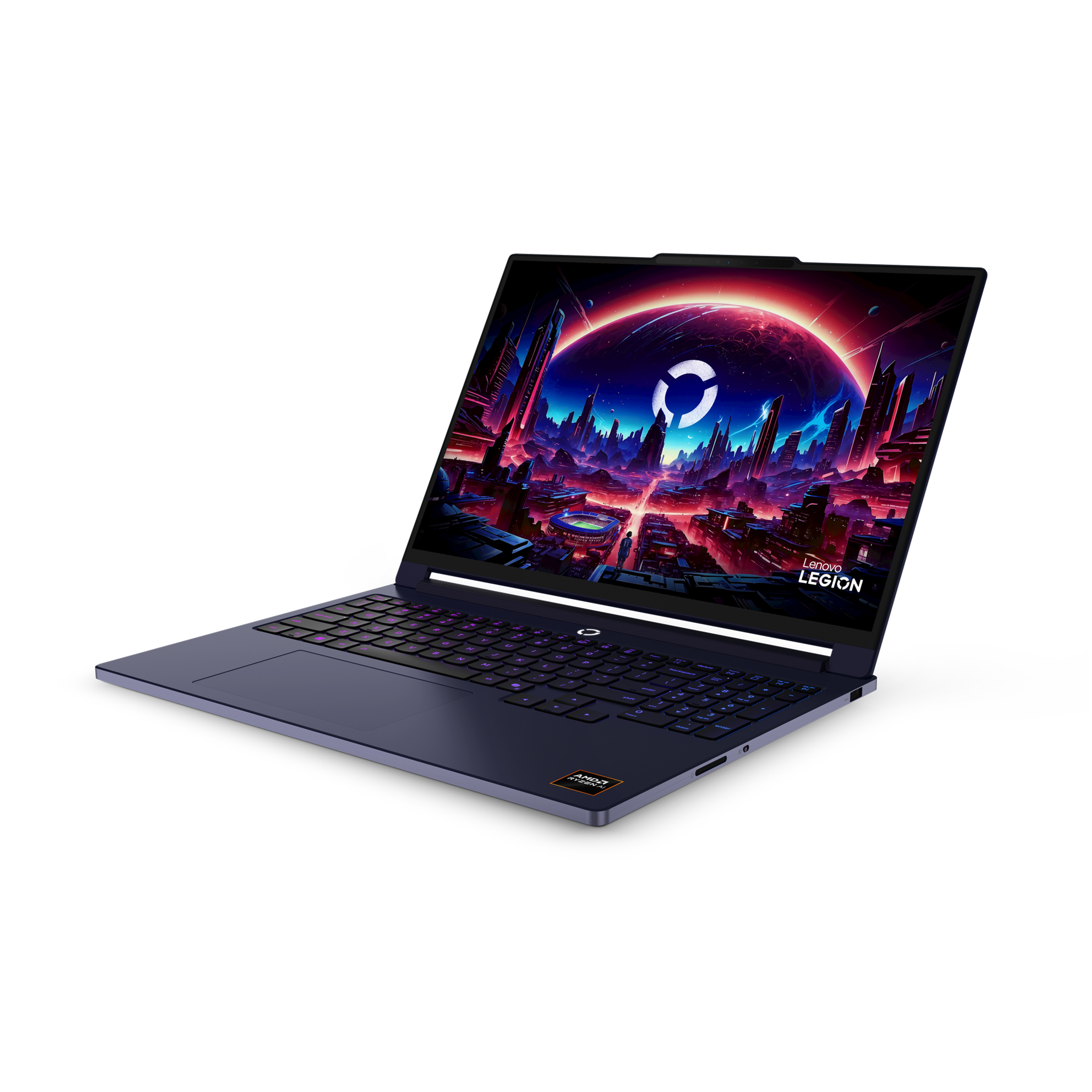 Ein Lenovo Legion Laptop mit beleuchteter Tastatur und futuristischem Wallpaper auf dem Bildschirm.