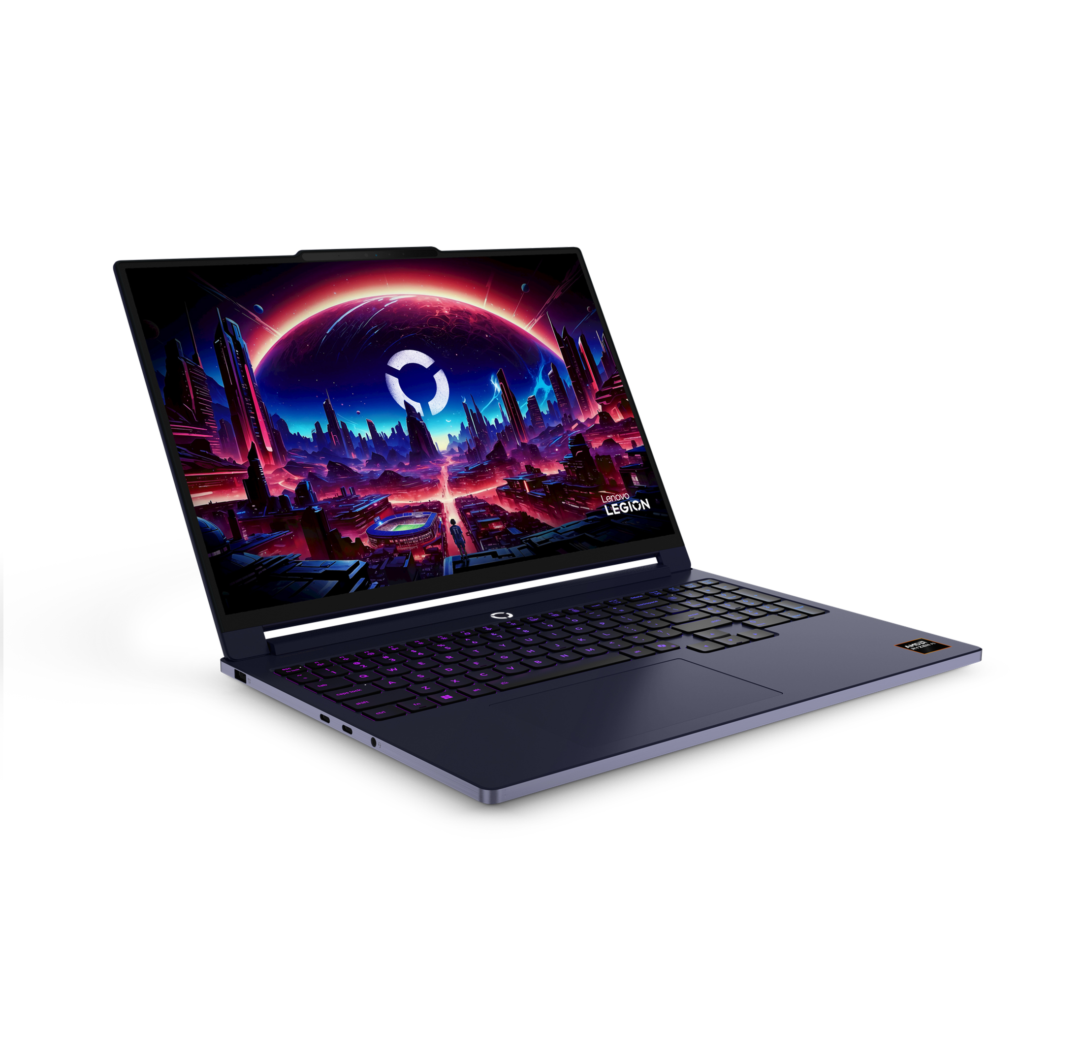 Ein Lenovo Legion Laptop mit beleuchteter Tastatur zeigt ein farbenfrohes Sci-Fi-Hintergrundbild.