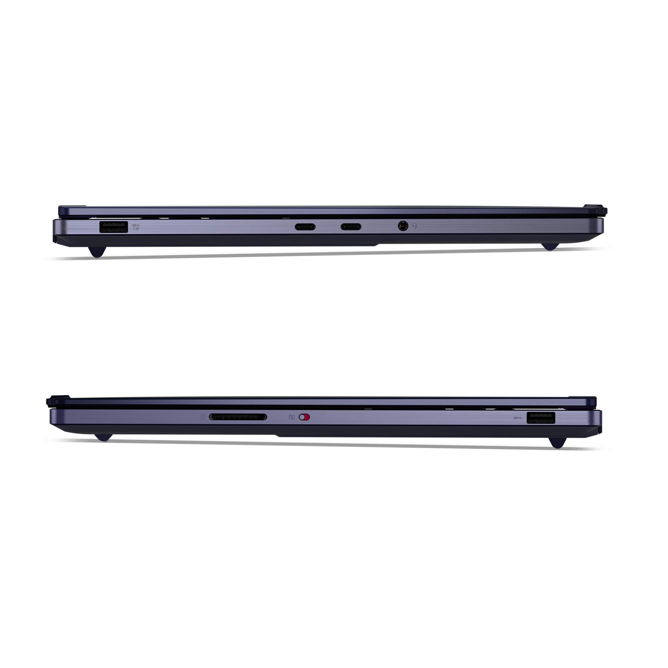 Seitenansichten eines dunklen Laptops mit USB-, USB-C- und Audioanschlüssen auf weißem Hintergrund.
