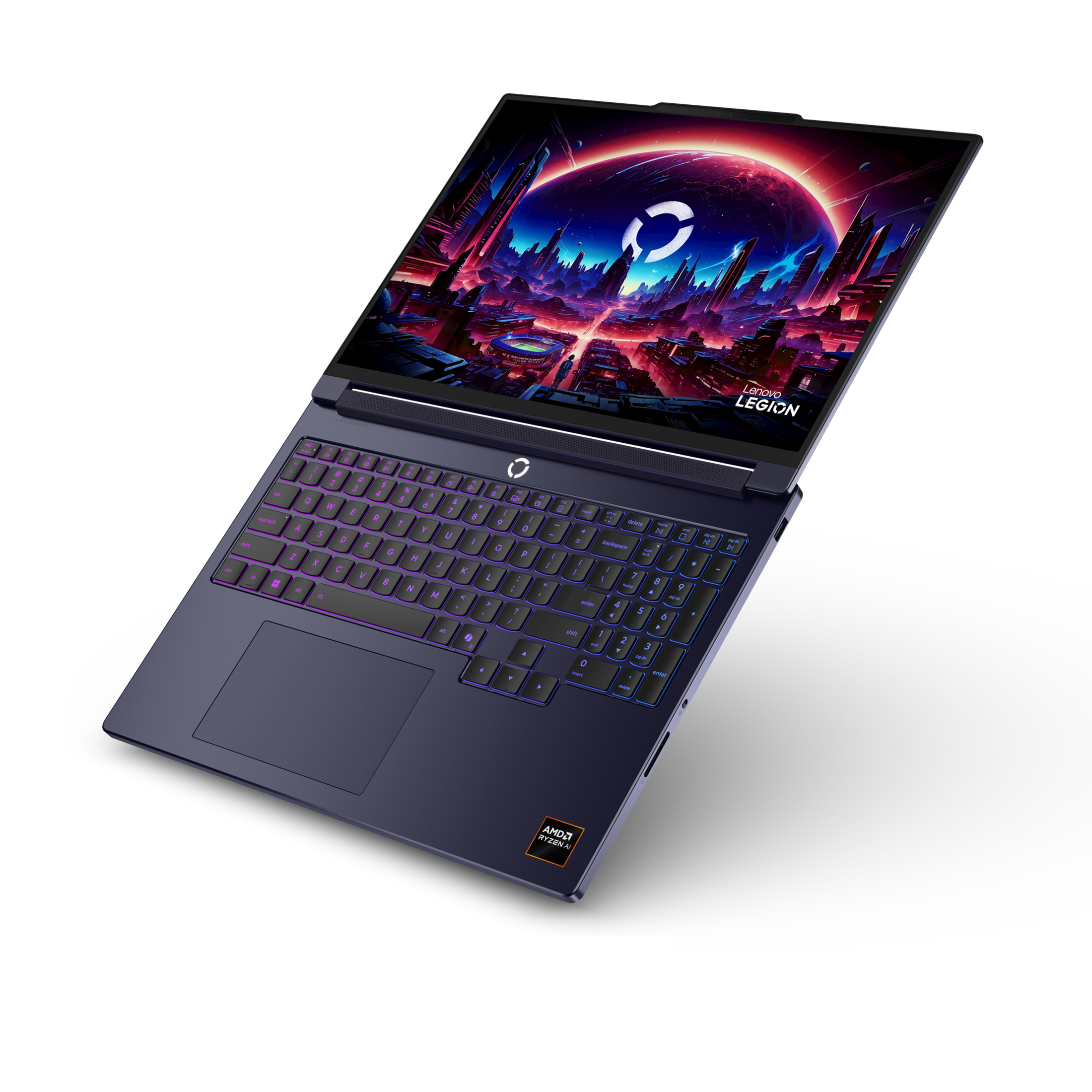 Ein Lenovo Legion Laptop mit beleuchteter Tastatur und futuristischem Wallpaper auf dem Bildschirm.