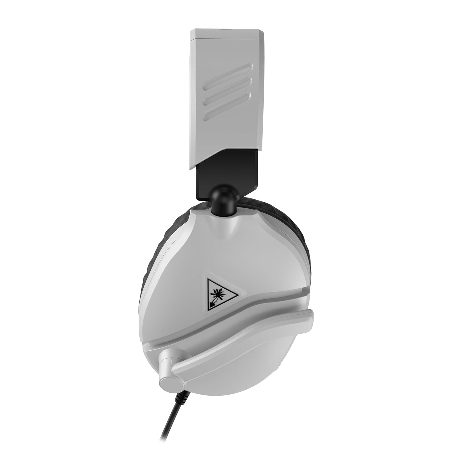Auriculares de juego blancos y negros con micrófono sobre fondo blanco.