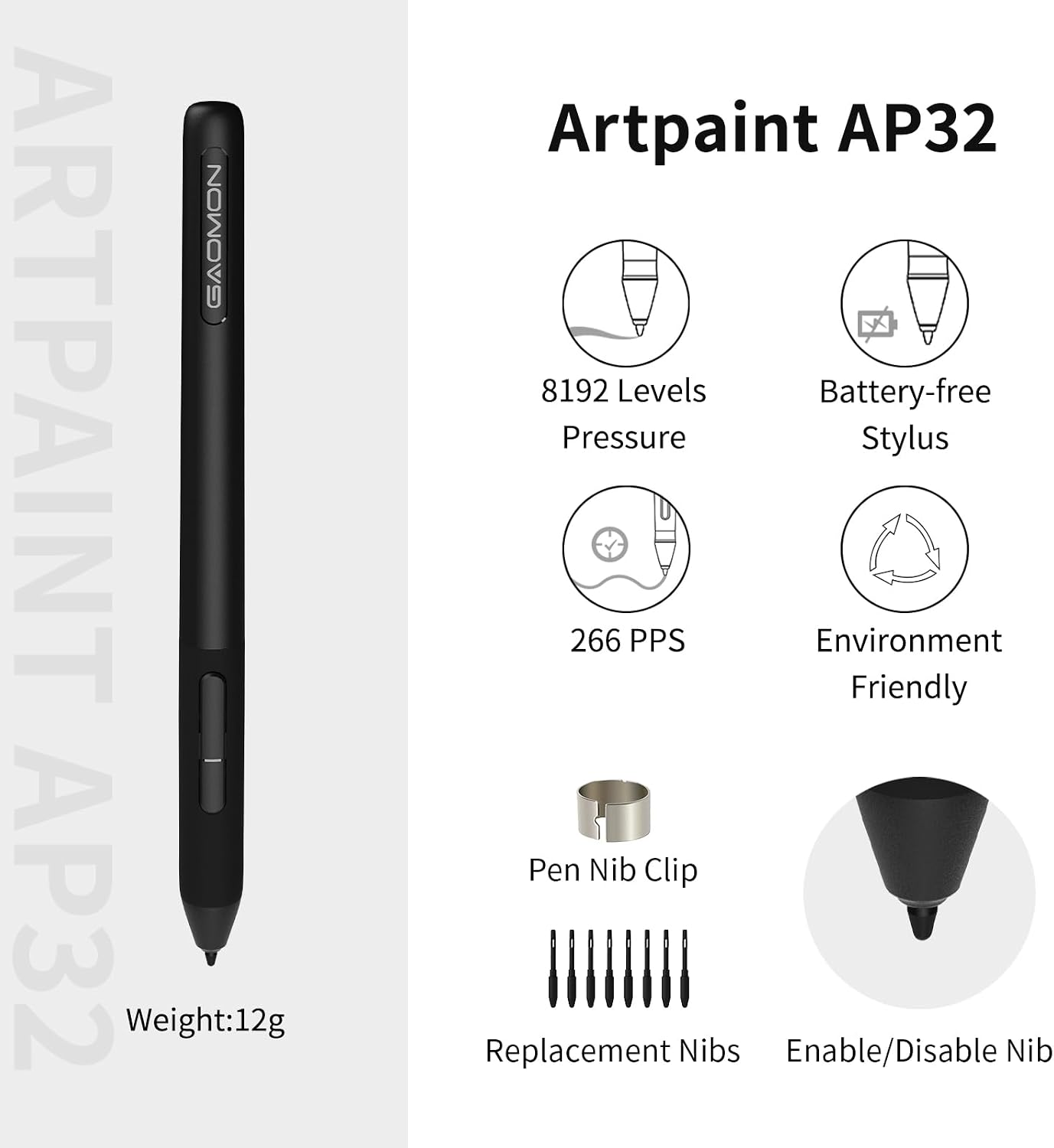Produktgrafik des Artpaint AP32 Stiftes mit technischen Details wie Druckstufen und batterielosem Design.