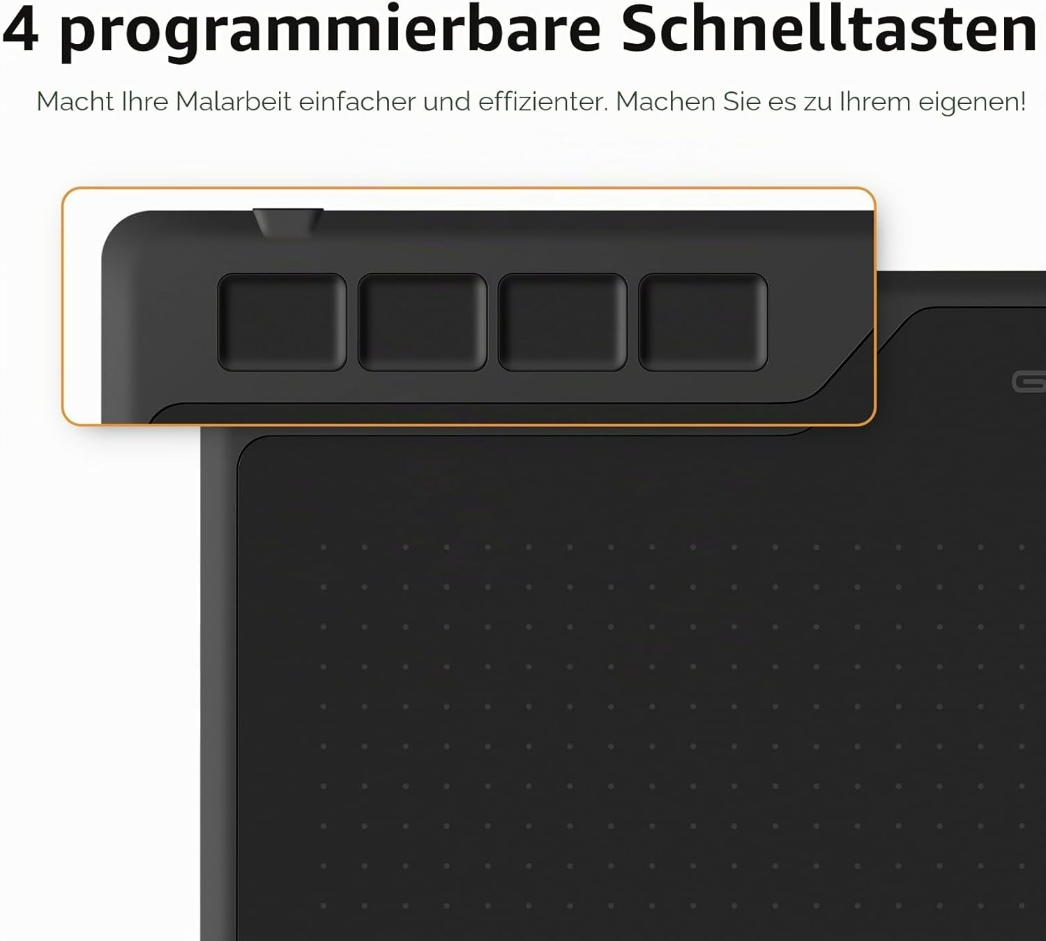Ein schwarzes Zeichentablett mit vier programmierbaren Schnelltestasten und einem hervorgehobenen Bereich.