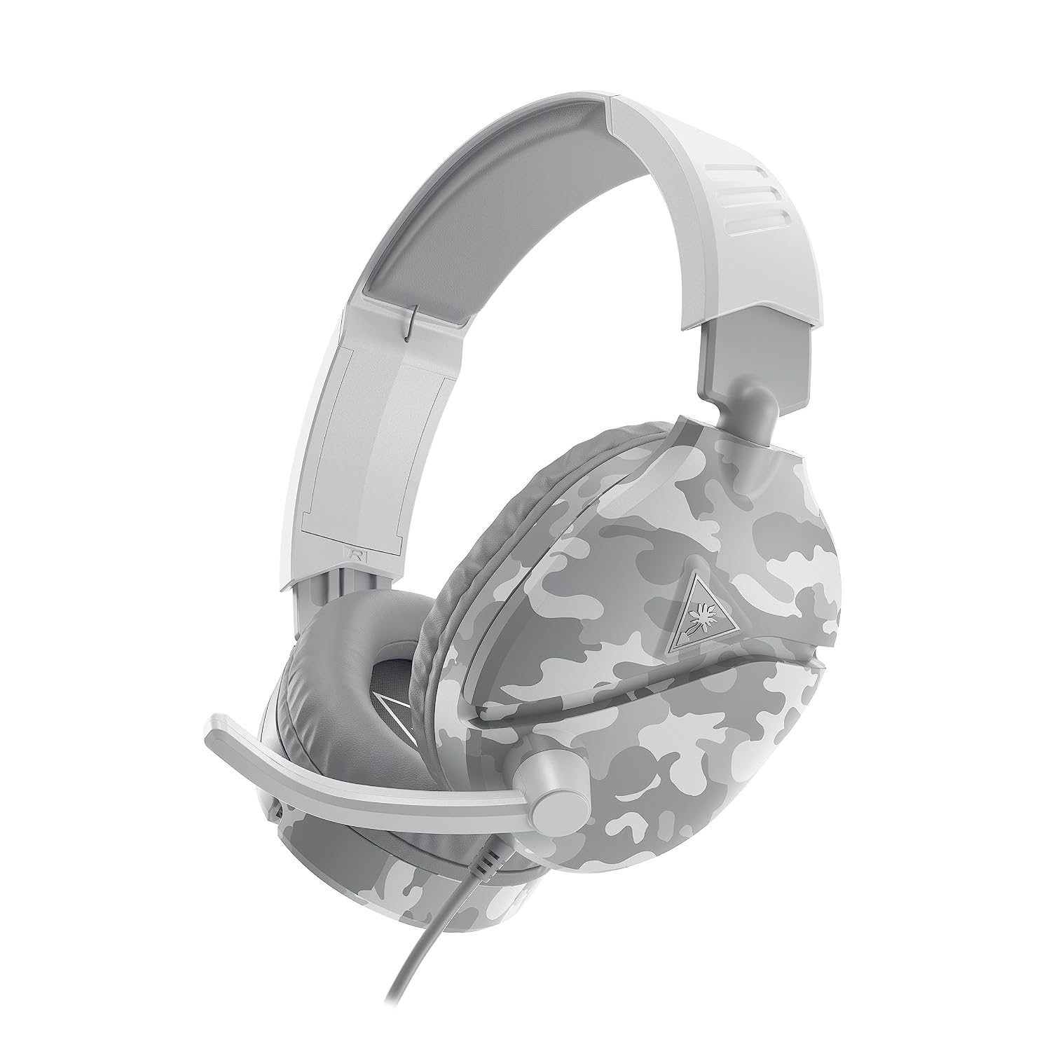 Auriculares para juegos blancos con orejeras de camuflaje gris y un micrófono de asta, sobre fondo blanco.