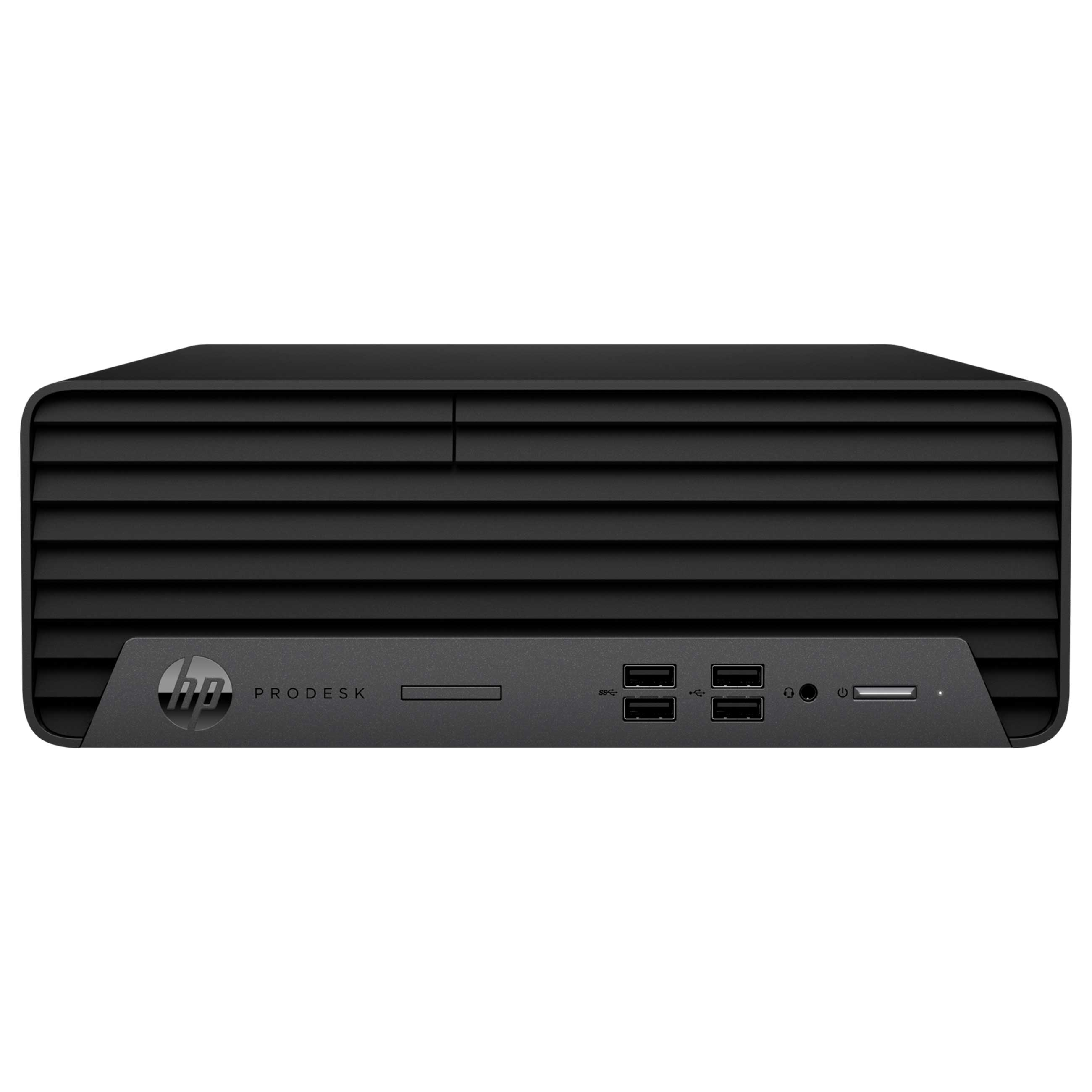 Vorderansicht eines schwarzen HP ProDesk Desktop-Computers mit USB-Anschlüssen, Audioanschluss und Ein-/Ausschalter vor weißem Hintergrund.