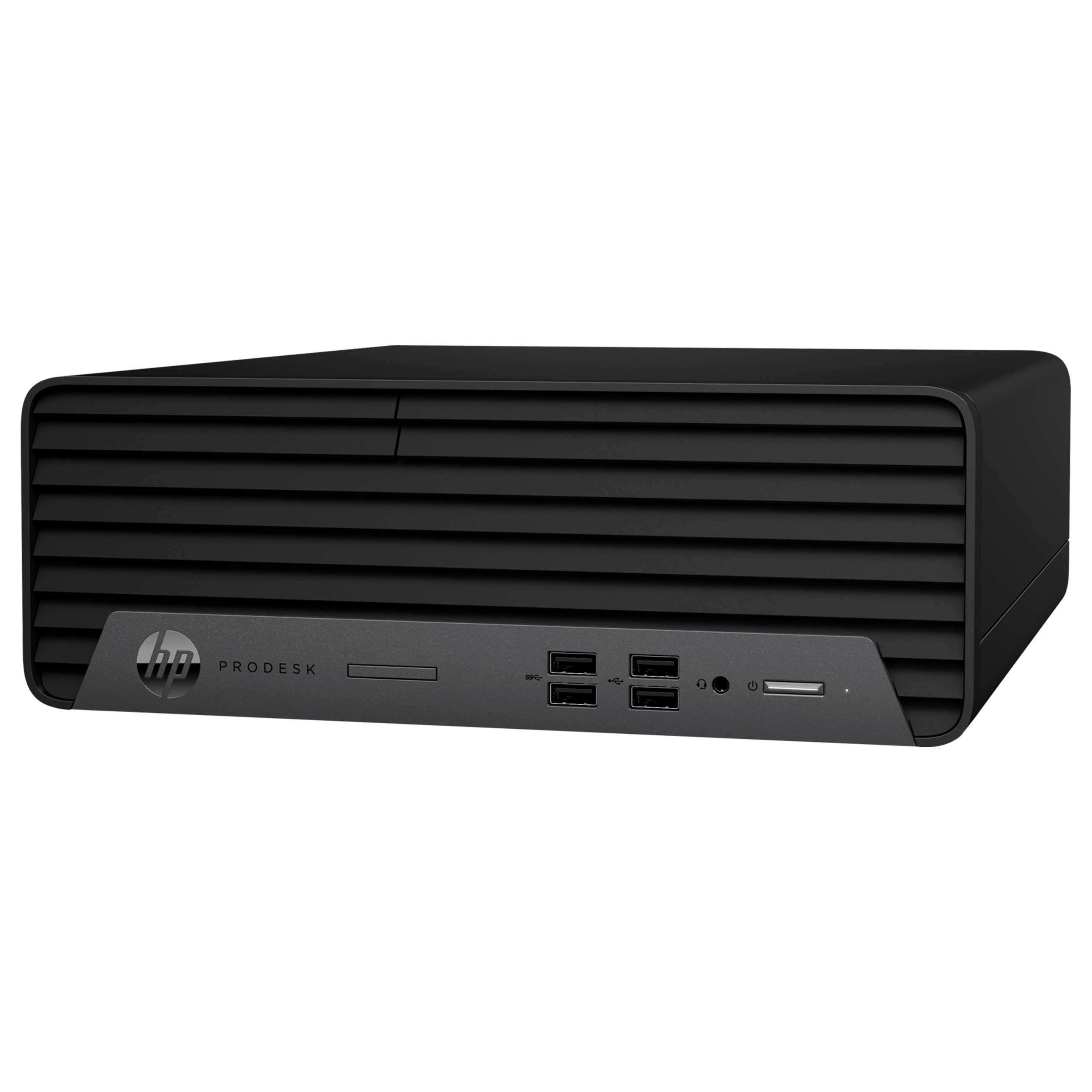 Ein schwarzer HP ProDesk Desktop-Computer mit gerippter Frontplatte und USB-Anschlüssen vor weißem Hintergrund.