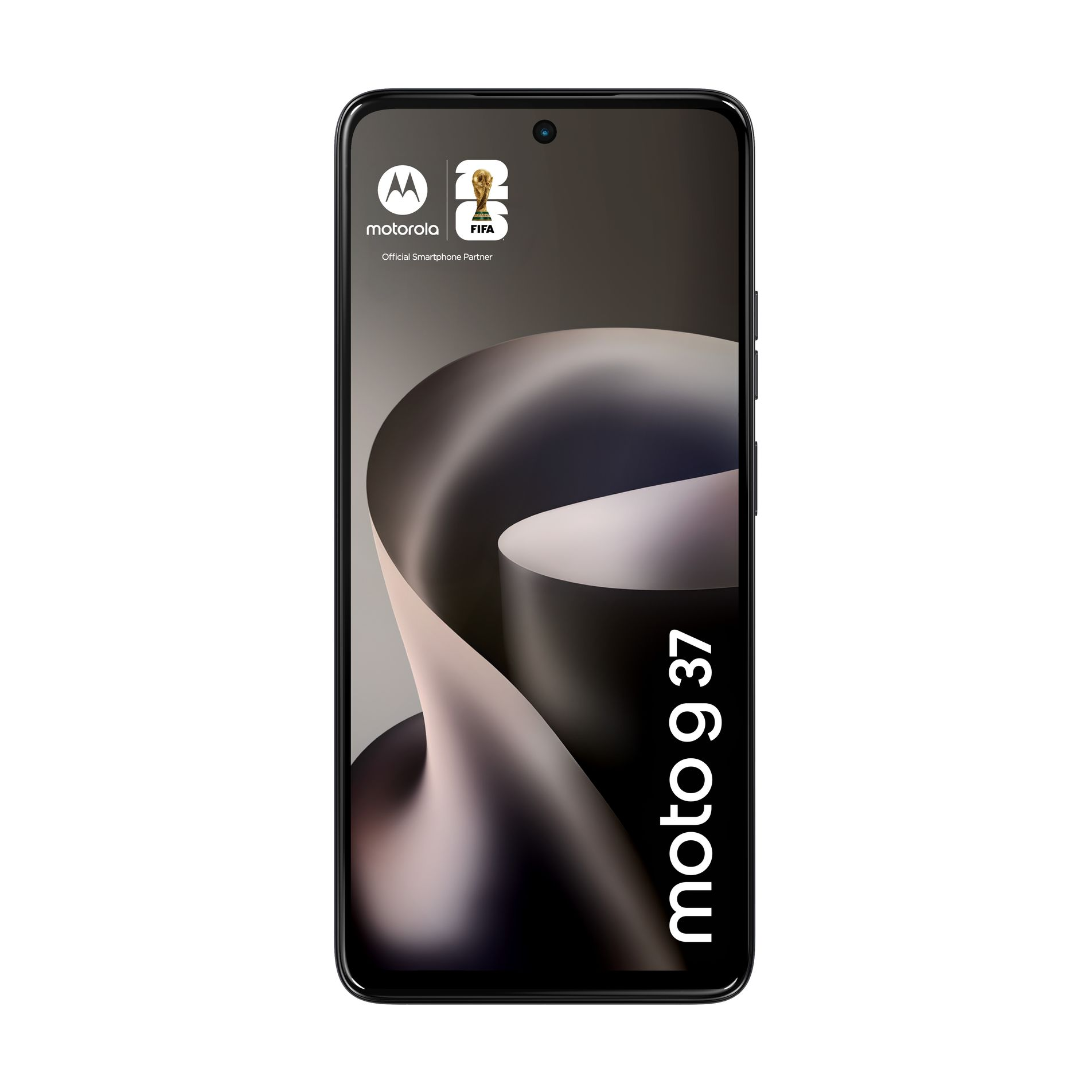 Vista frontale dello smartphone nero Moto g 37 con sfondo astratto curvo e logo Motorola FIFA.