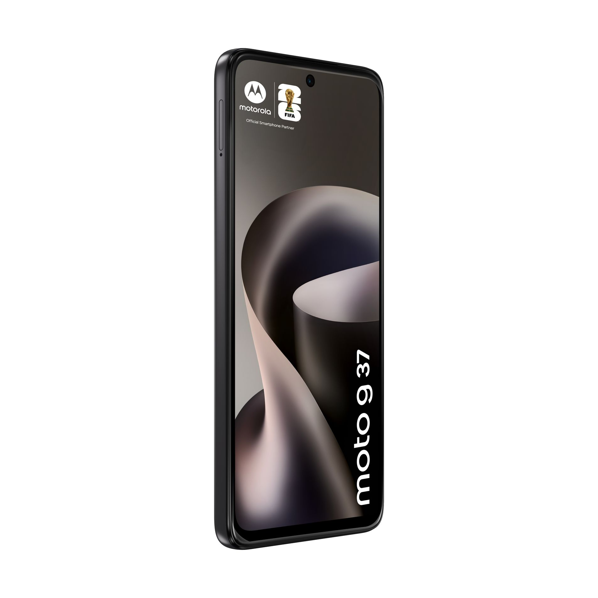 Uno smartphone nero Motorola Moto G37 mostra un motivo astratto sullo schermo e un logo FIFA.