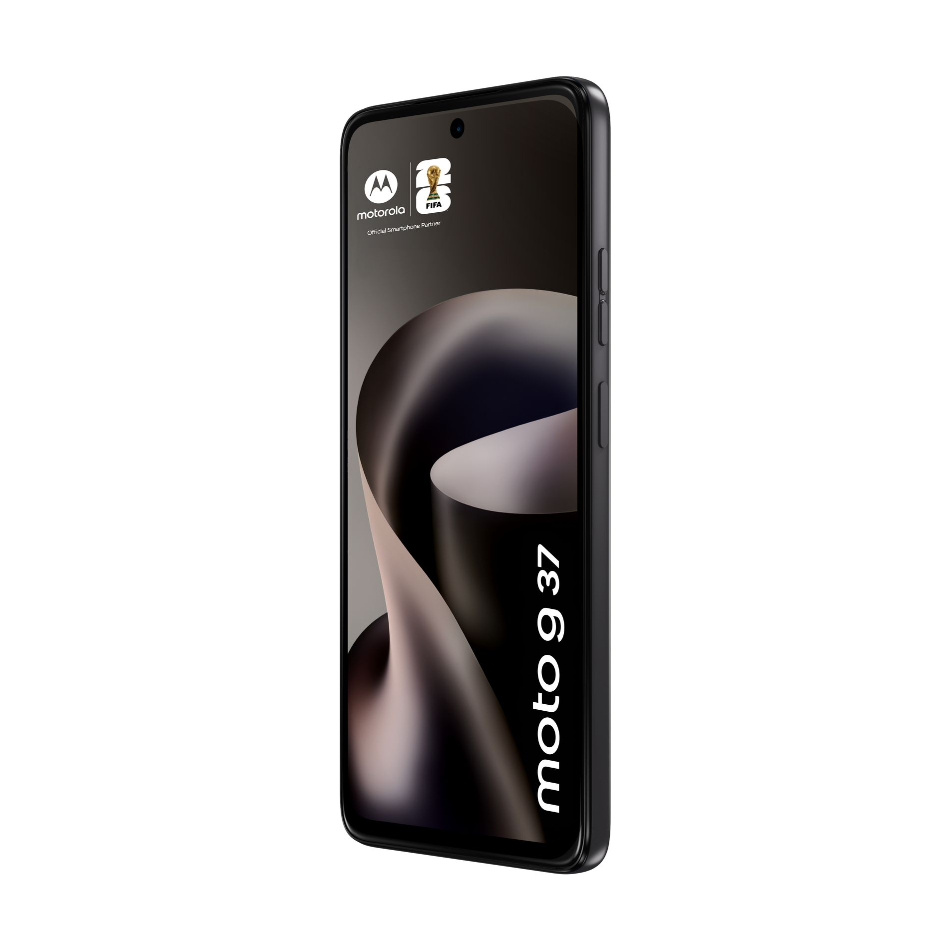 Smartphone nero Motorola Moto g37 con grafica astratta sul display, visto di lato su sfondo bianco.