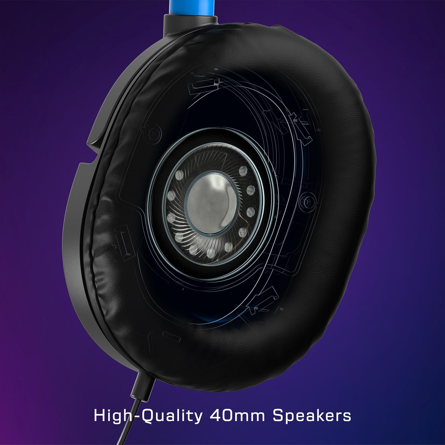 Vista interna de un auricular que muestra un altavoz de 40 mm, cojín de cuero negro y fondo morado oscuro.