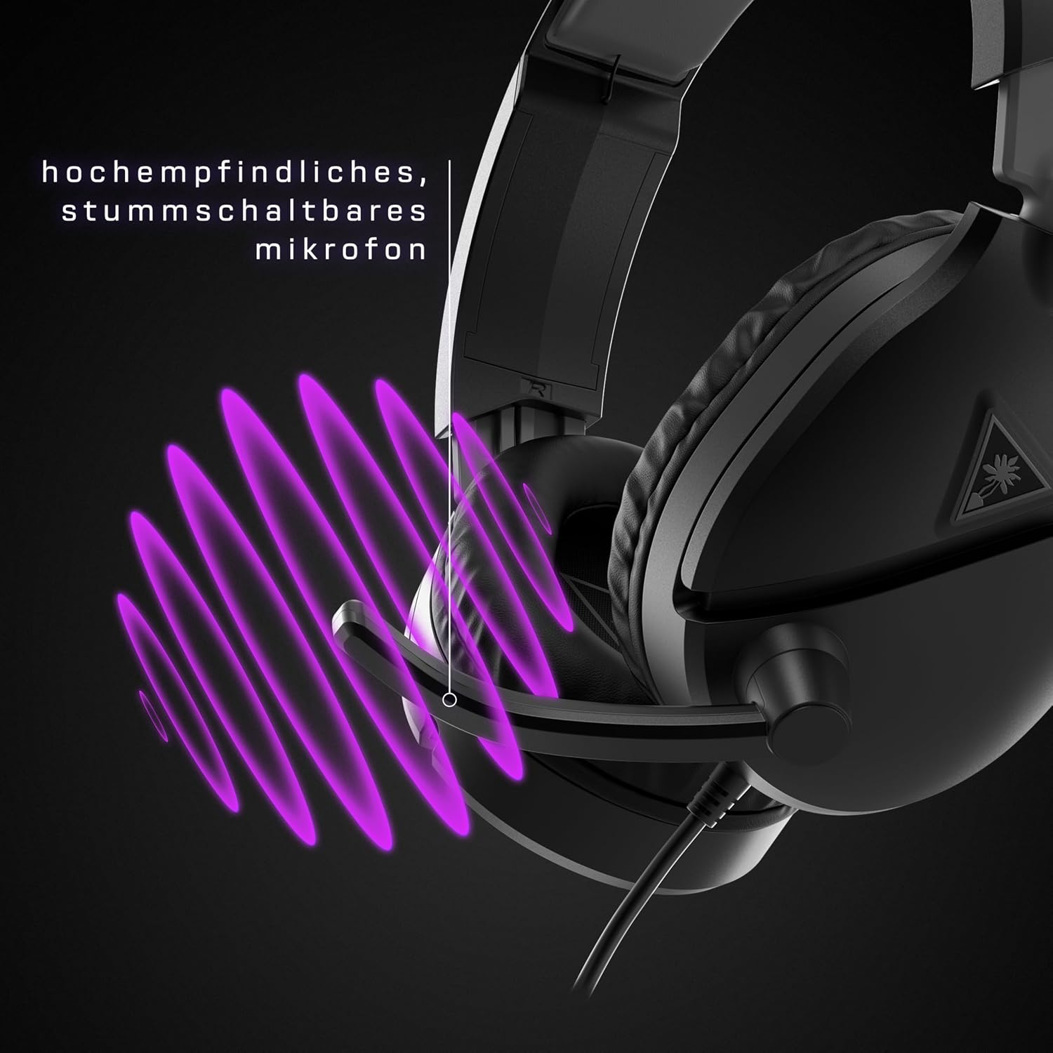 Auriculares negros con micrófono y gráficos de ondas sonoras moradas.