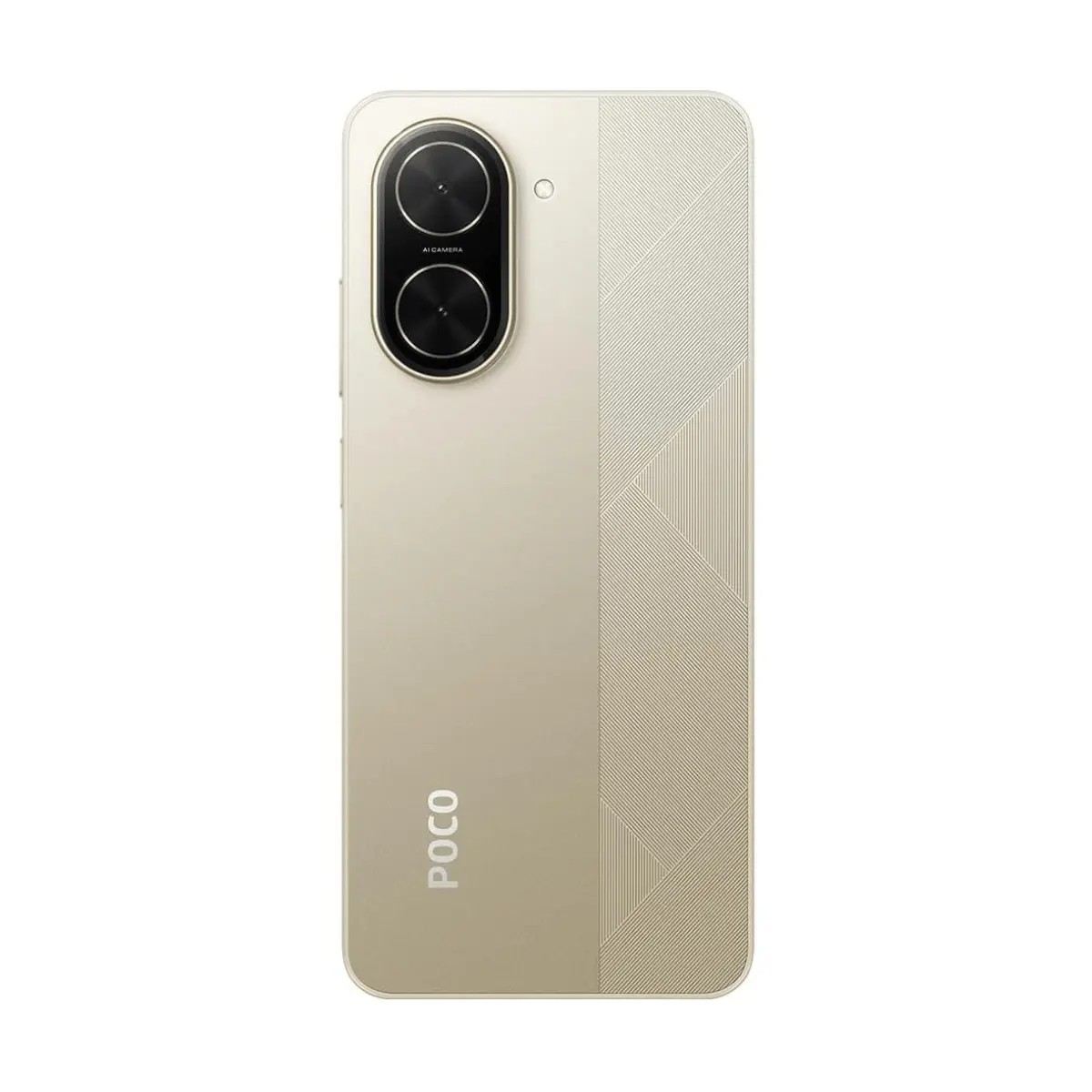 Parte trasera de un smartphone POCO beige con cámara dual vertical y una franja texturizada a la derecha.