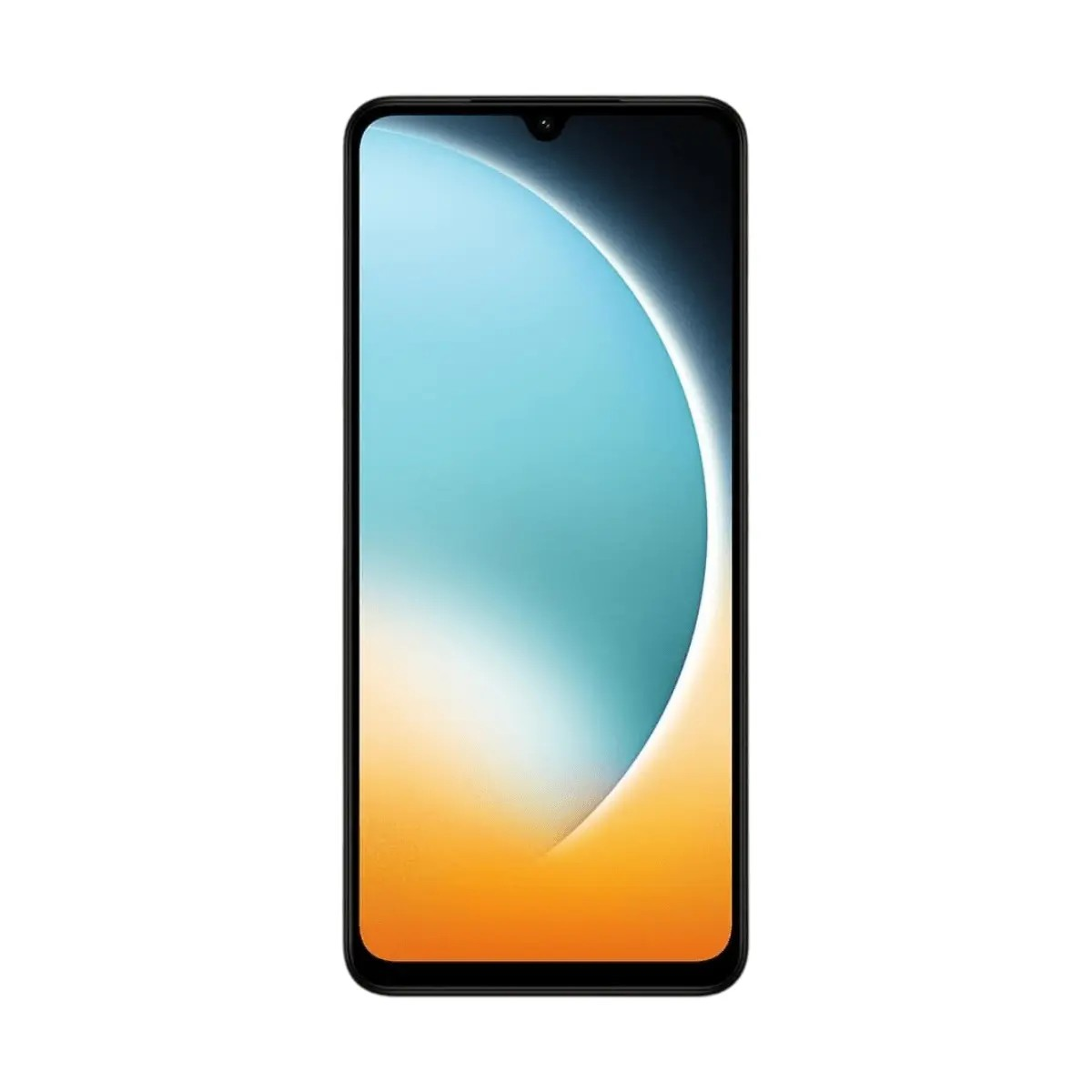 Un smartphone negro con esquinas redondeadas muestra un fondo de pantalla abstracto curvado en azul y naranja.