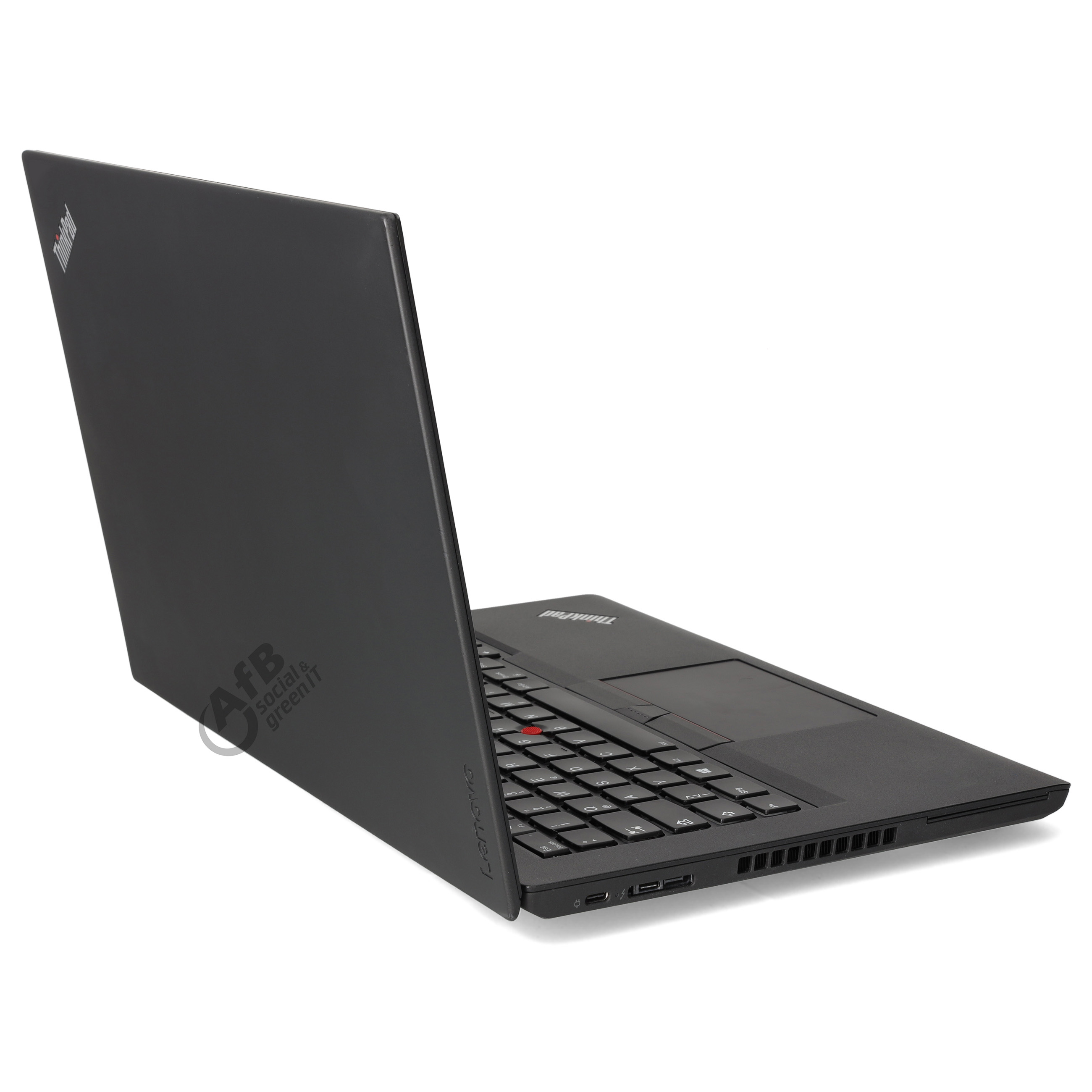 Ein schwarzer Lenovo Laptop auf weißem Hintergrund, seitlich geöffnet fotografiert.