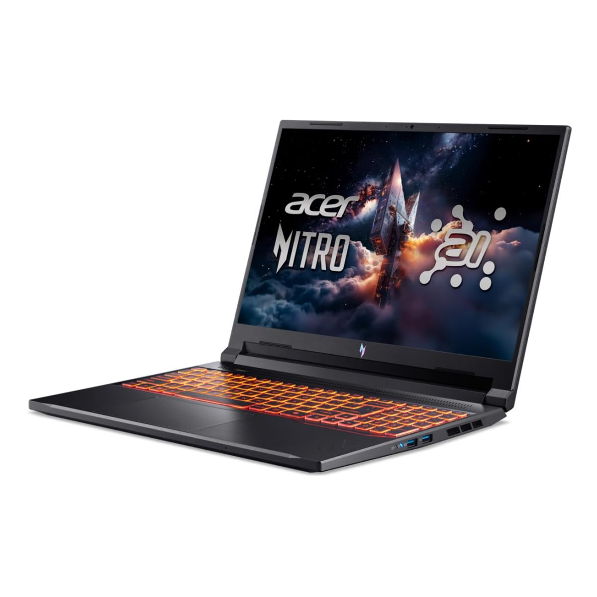 Ein schwarzer Acer Nitro Laptop mit beleuchteter Tastatur und Weltraum-Bildschirm.