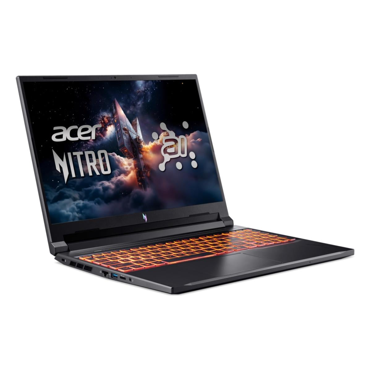 Acer Nitro Laptop mit beleuchteter Tastatur und Weltraum-Hintergrundbild.