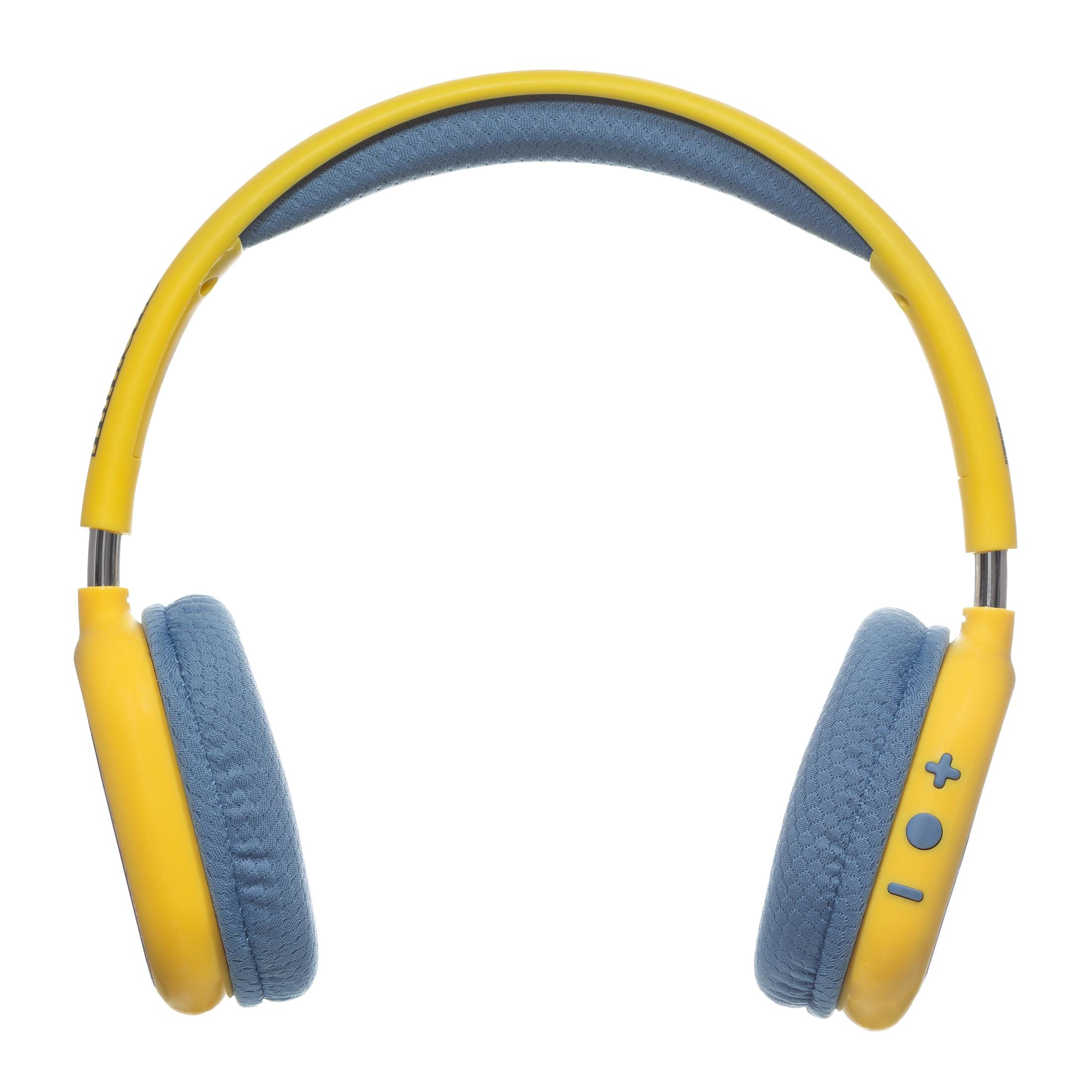 Gelbe und blaue Over-Ear-Kopfhörer vor weißem Hintergrund.