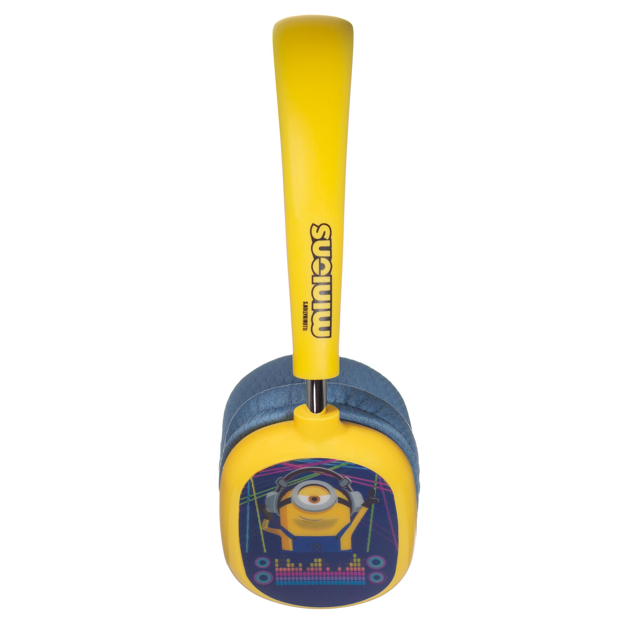 Gelbe Minions-Kinderkopfhörer mit blauen Ohrpolstern und Minion-Grafik auf der Ohrmuschel auf weißem Hintergrund.