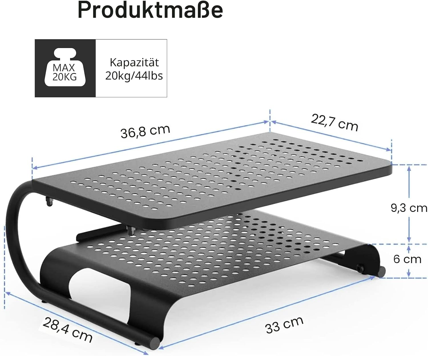 Soporte de monitor negro con estantes perforados, medidas detalladas y capacidad de 20 kg.