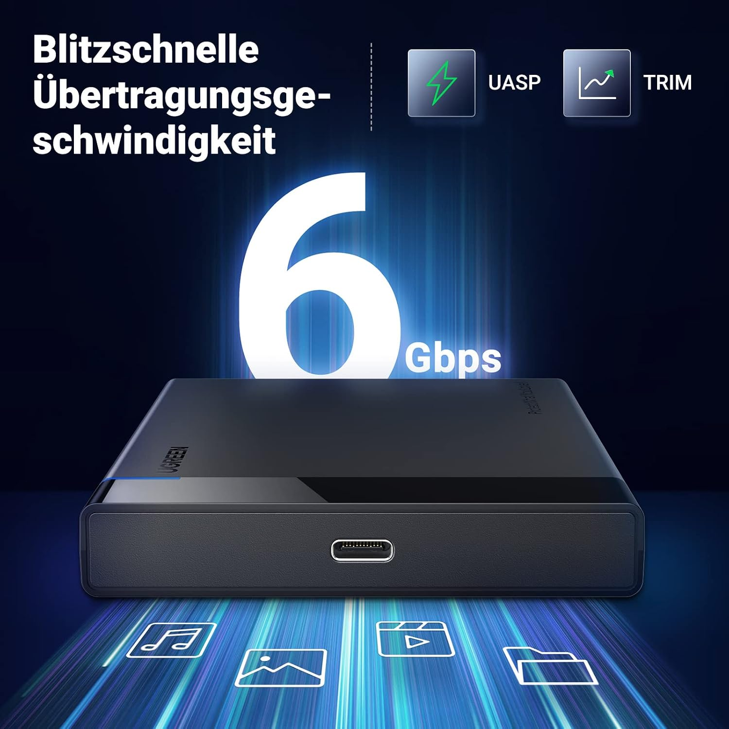 Ugreen-Festplattengehäuse mit 6 Gbps, UASP und TRIM auf blauem Hintergrund mit Symbolen.