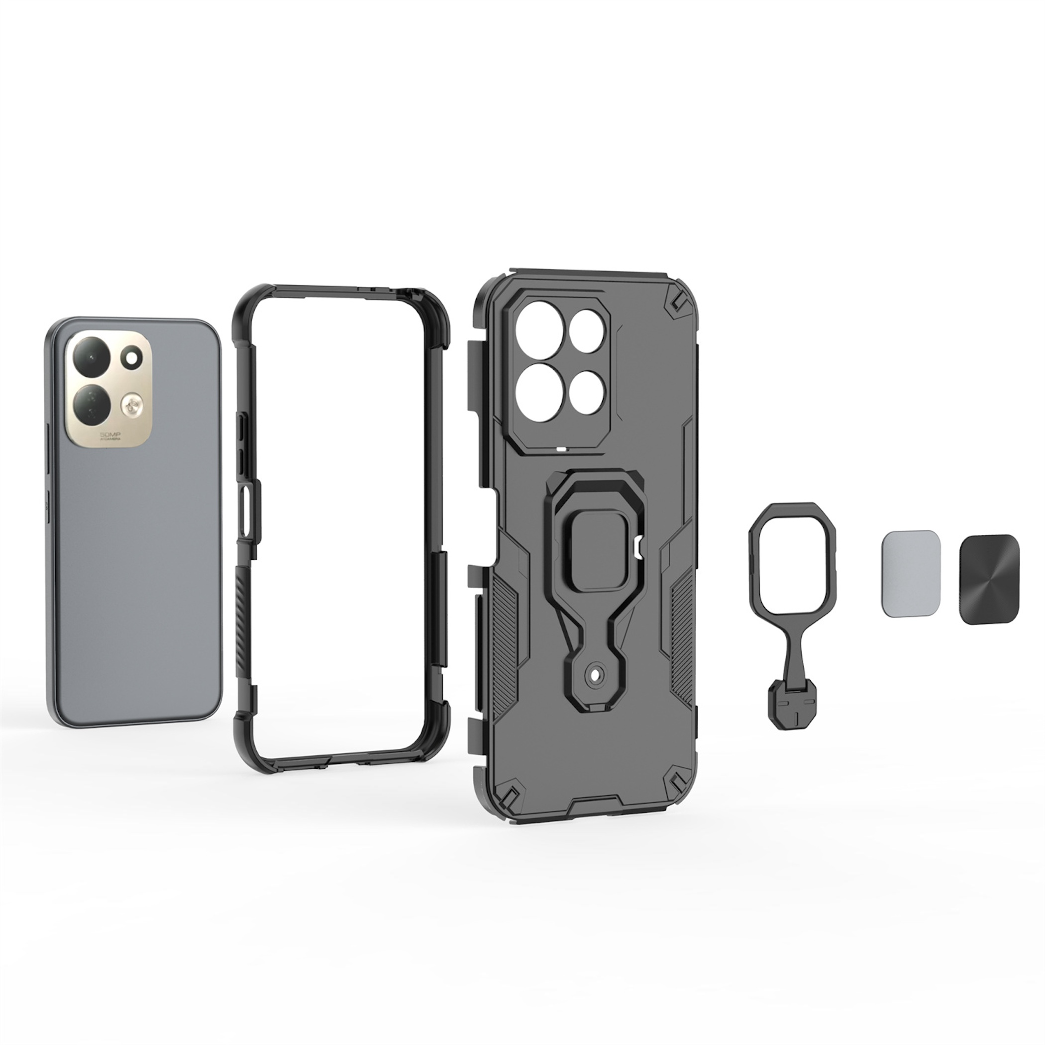 Eine zerlegte schwarze Handyhülle mit grauem Smartphone, Rahmen, Rückschale, Ständer und Metallplatten.