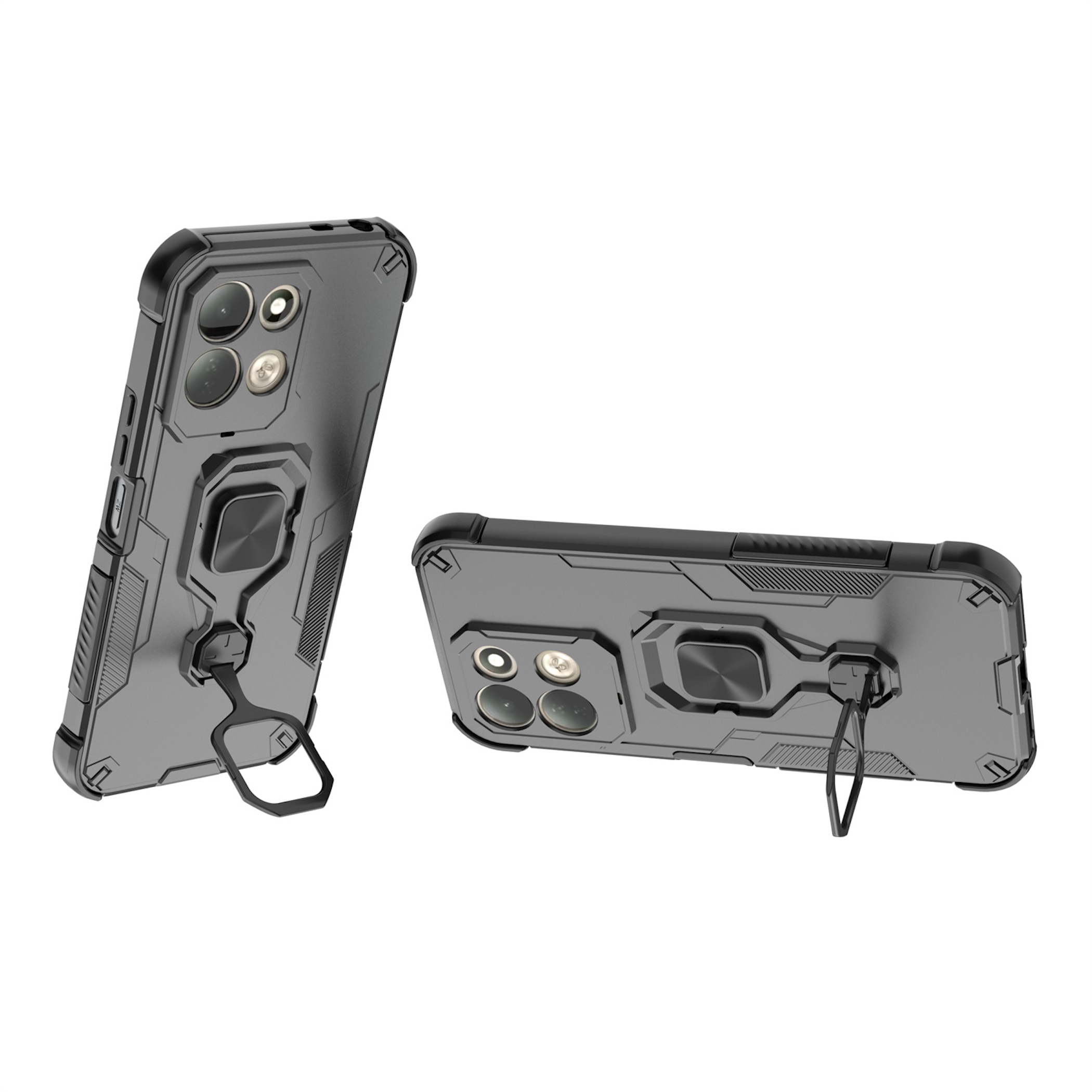 Zwei graue Smartphones in robuster Hülle mit integriertem Ringständer auf weißem Hintergrund.