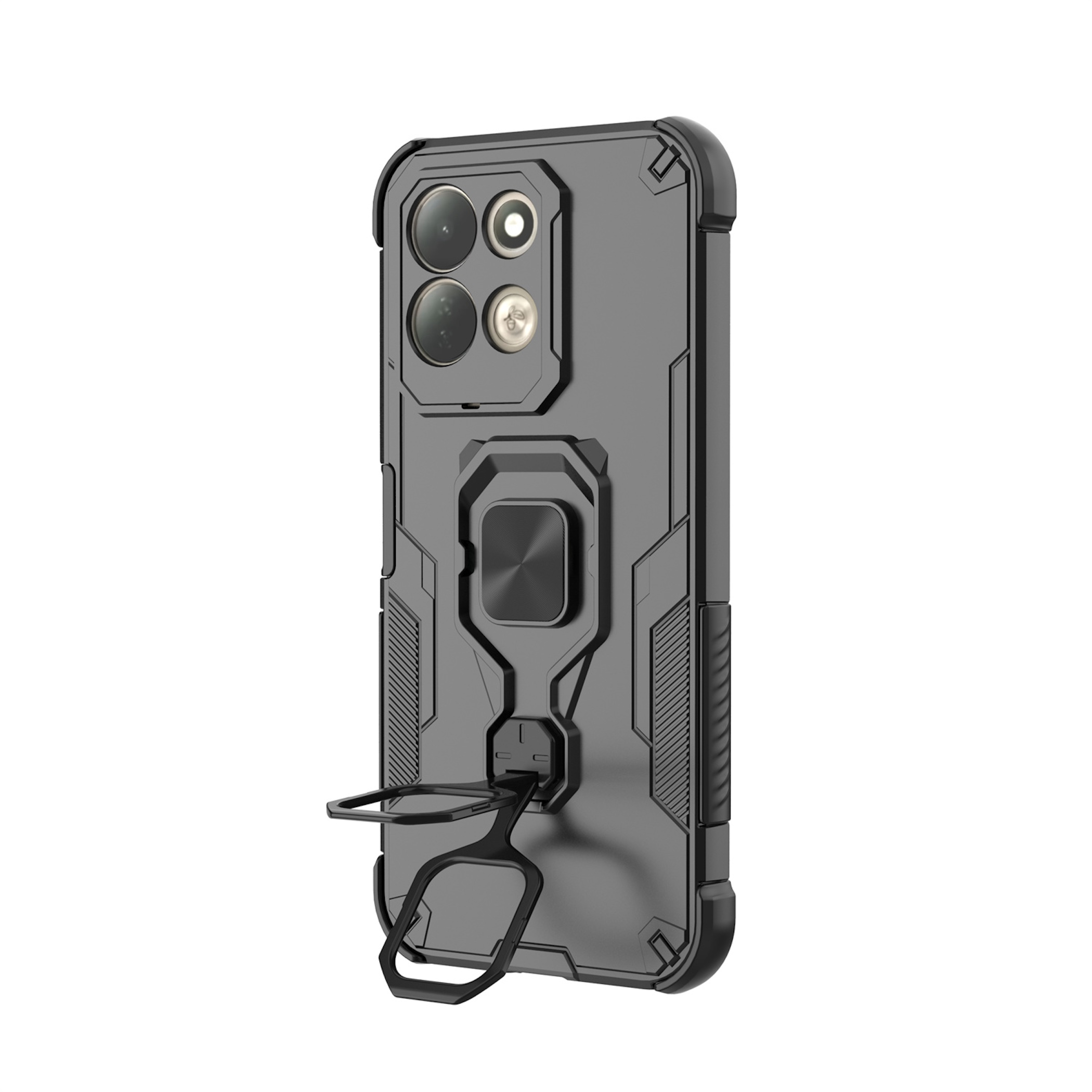 Eine schwarze, robuste Smartphone-Hülle mit integriertem Ringständer auf der Rückseite vor weißem Hintergrund.