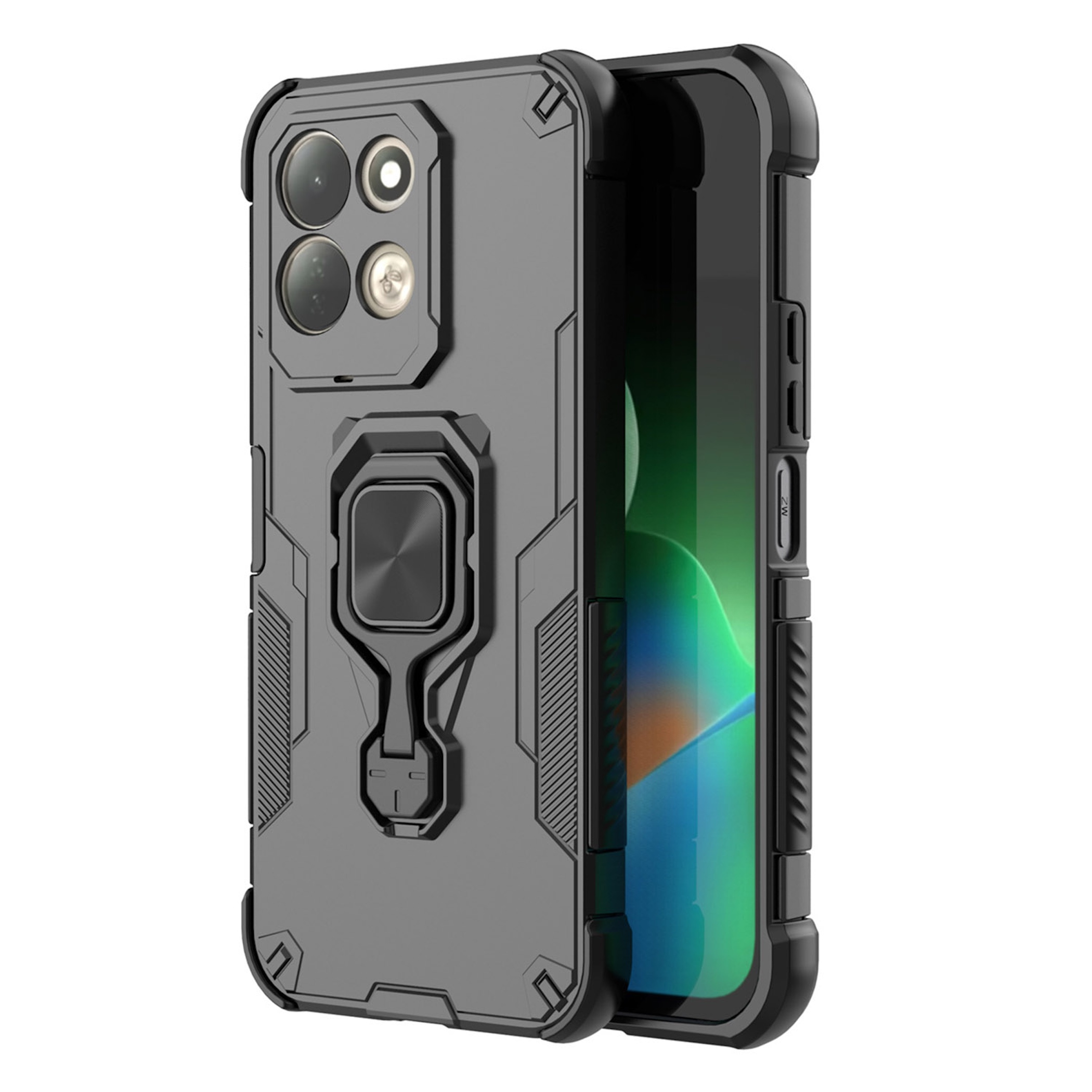 Robuste schwarze Smartphone-Hülle mit Ringhalterung und Kameraausschnitt auf weißem Hintergrund.