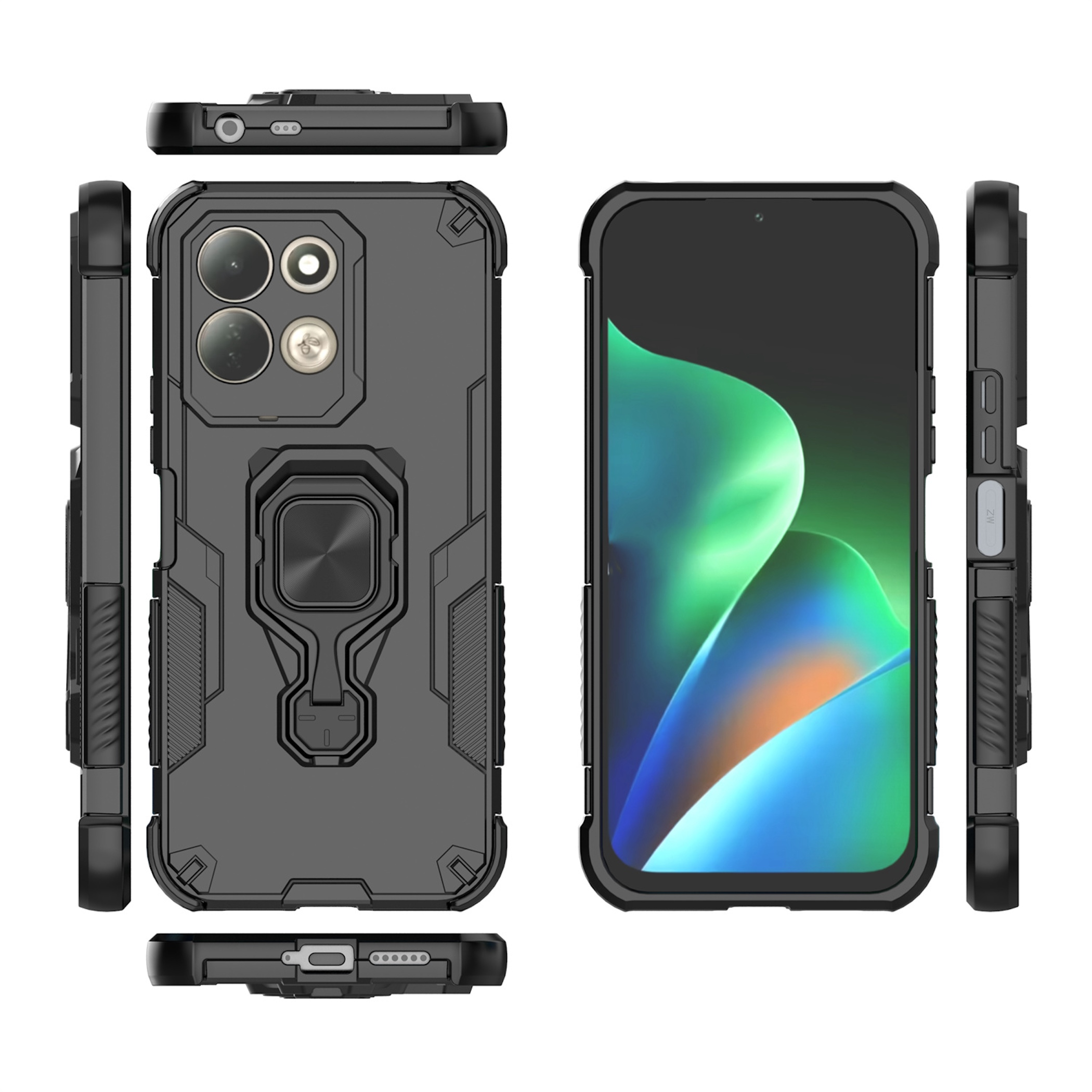 Mehrwinkelansicht einer schwarzen, robusten Smartphone-Hülle mit integriertem Ständerring.