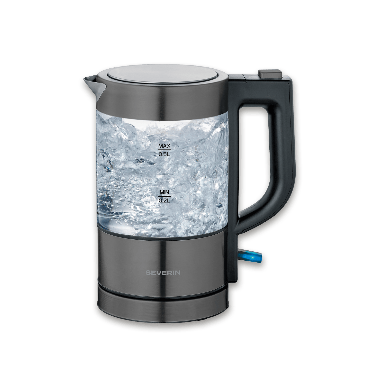 Glaswasserkocher mit kochendem Wasser, schwarzem Griff und silbernem Sockel auf weißem Hintergrund.