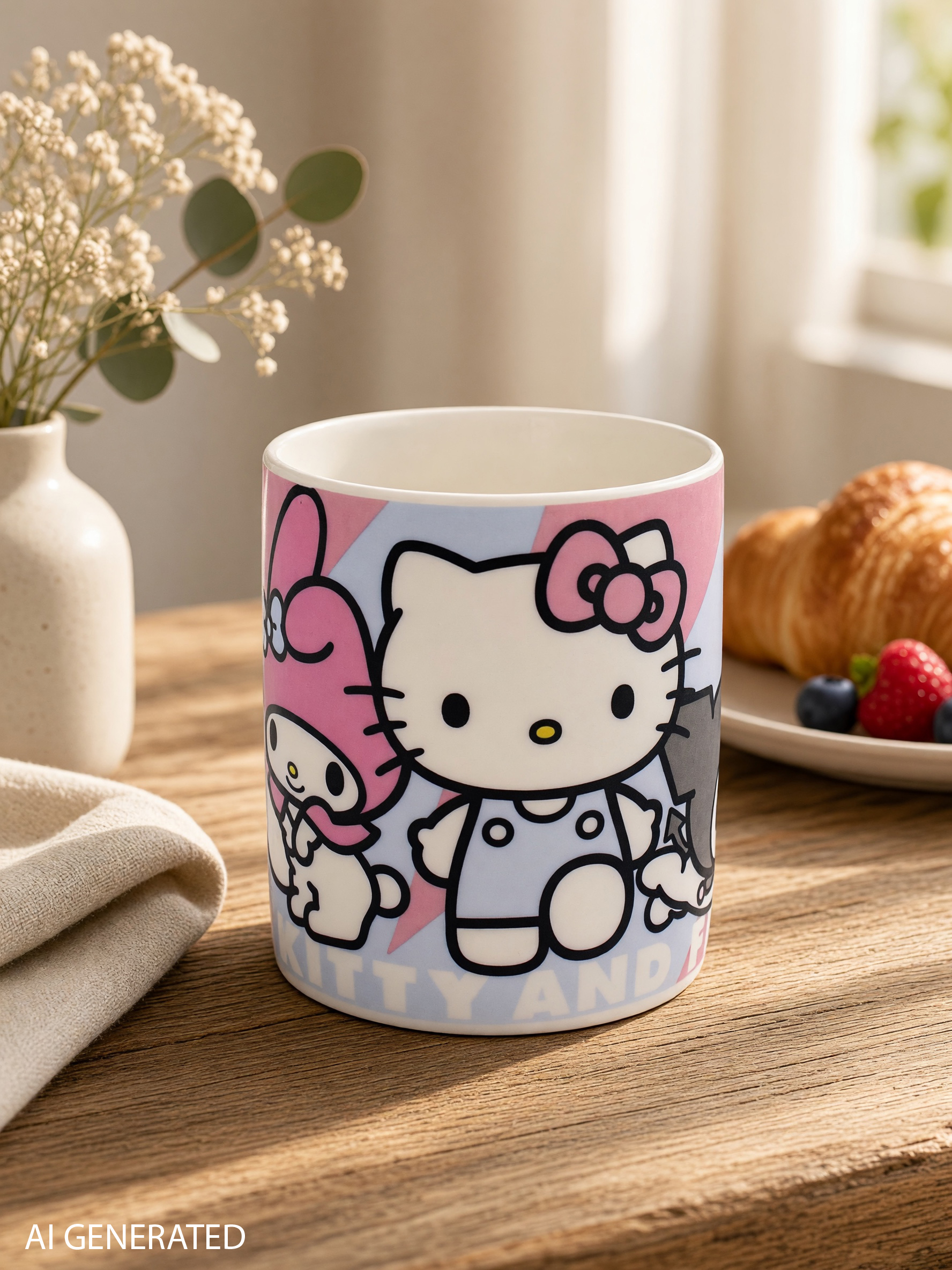 Eine Tasse mit Hello Kitty und My Melody auf einem Holztisch, neben Gebäck.