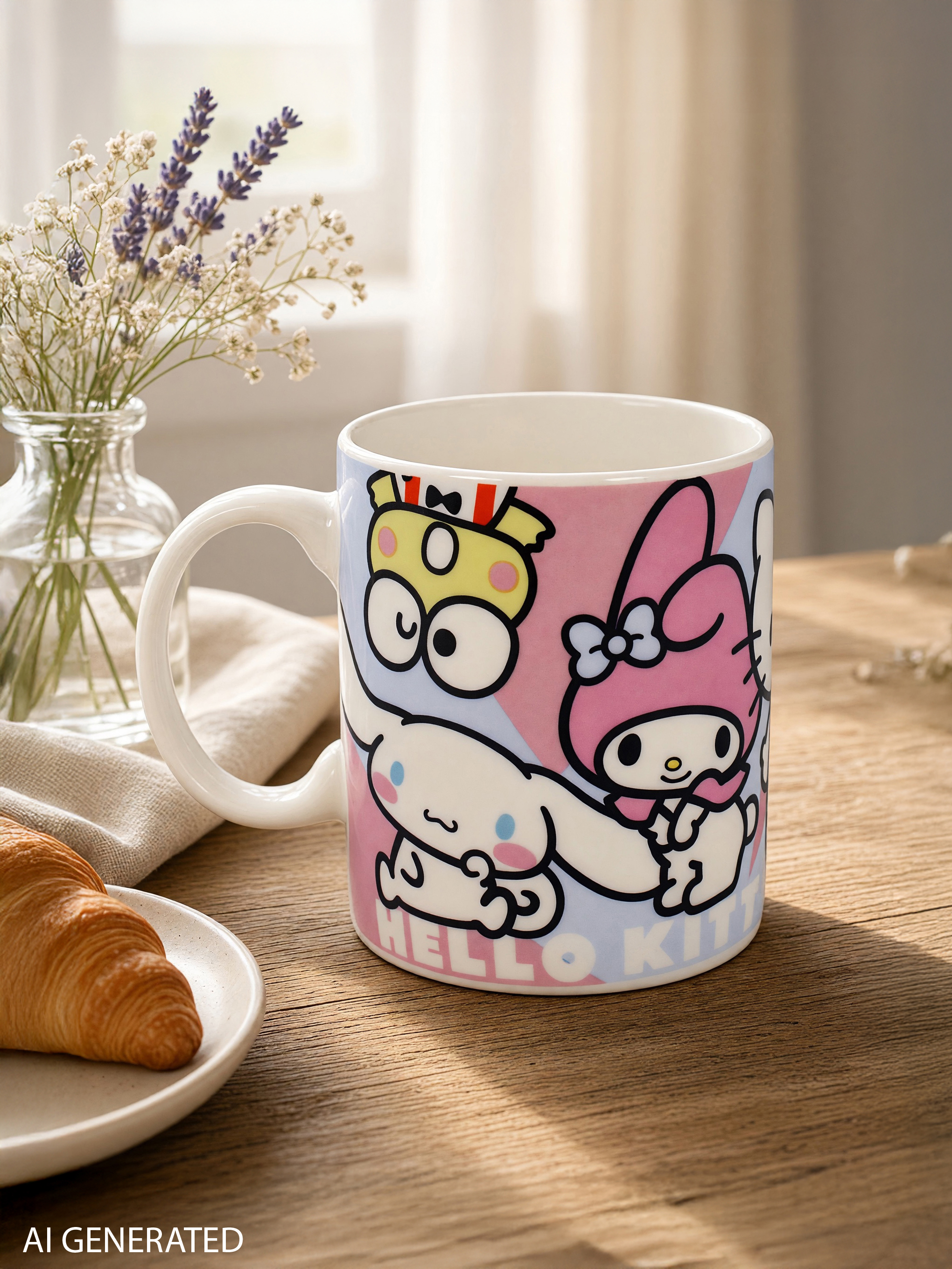 Eine Hello-Kitty-Tasse mit Zeichentrickfiguren steht auf einem Holztisch, daneben ein Croissant und Blumen.